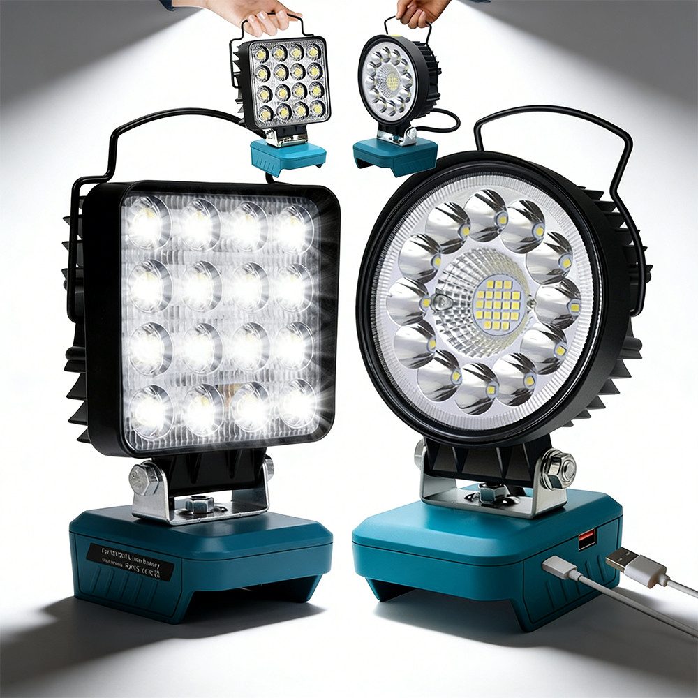 PRIISF LED Arbeitsleuchte LED Camping Lampe Arbeitslicht Strahler Licht Taschenlampe Baustrahler, Rund, LED fest integriert, Tageslichtweiß, Für Makita Li-ion Akku LED Arbeitsleuchte mit Typ C und USB-Aufladung