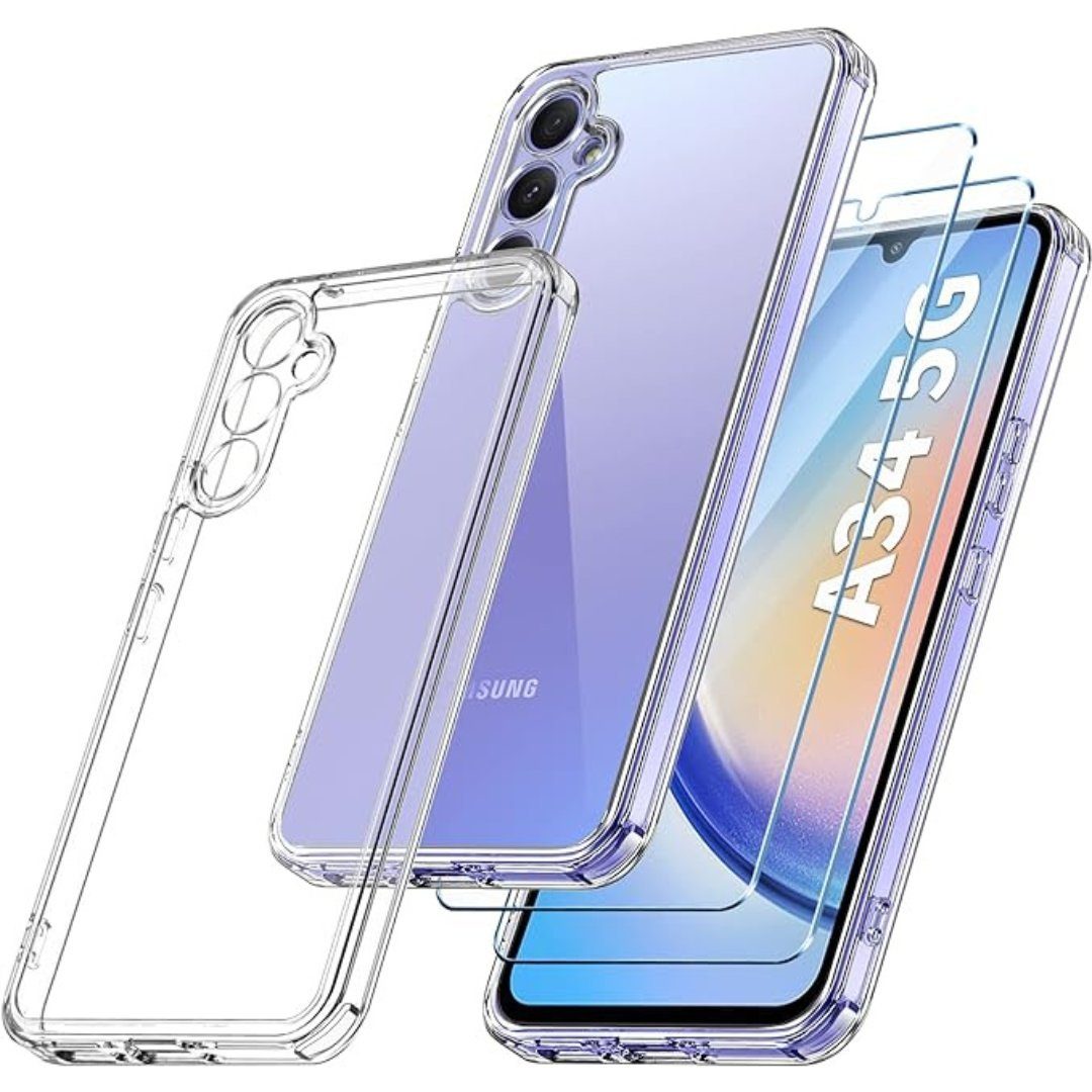 SmartUP Smartphone-Hülle Hülle + 2X Schutzglas für Samsung Galaxy A34 5G Panzerfolie Display 9H, kompletter Rundumschutz