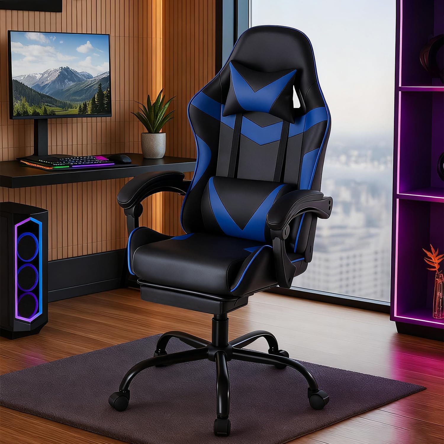 SURFOU Gaming-Stuhl Chefsessel Bürostuhl Ergonomisch Gamingstuhl PC Sessel Drehsessel, mit Fußstütze Kopfstütze Lordosenstütz Höhenverstellbar Drehsessel