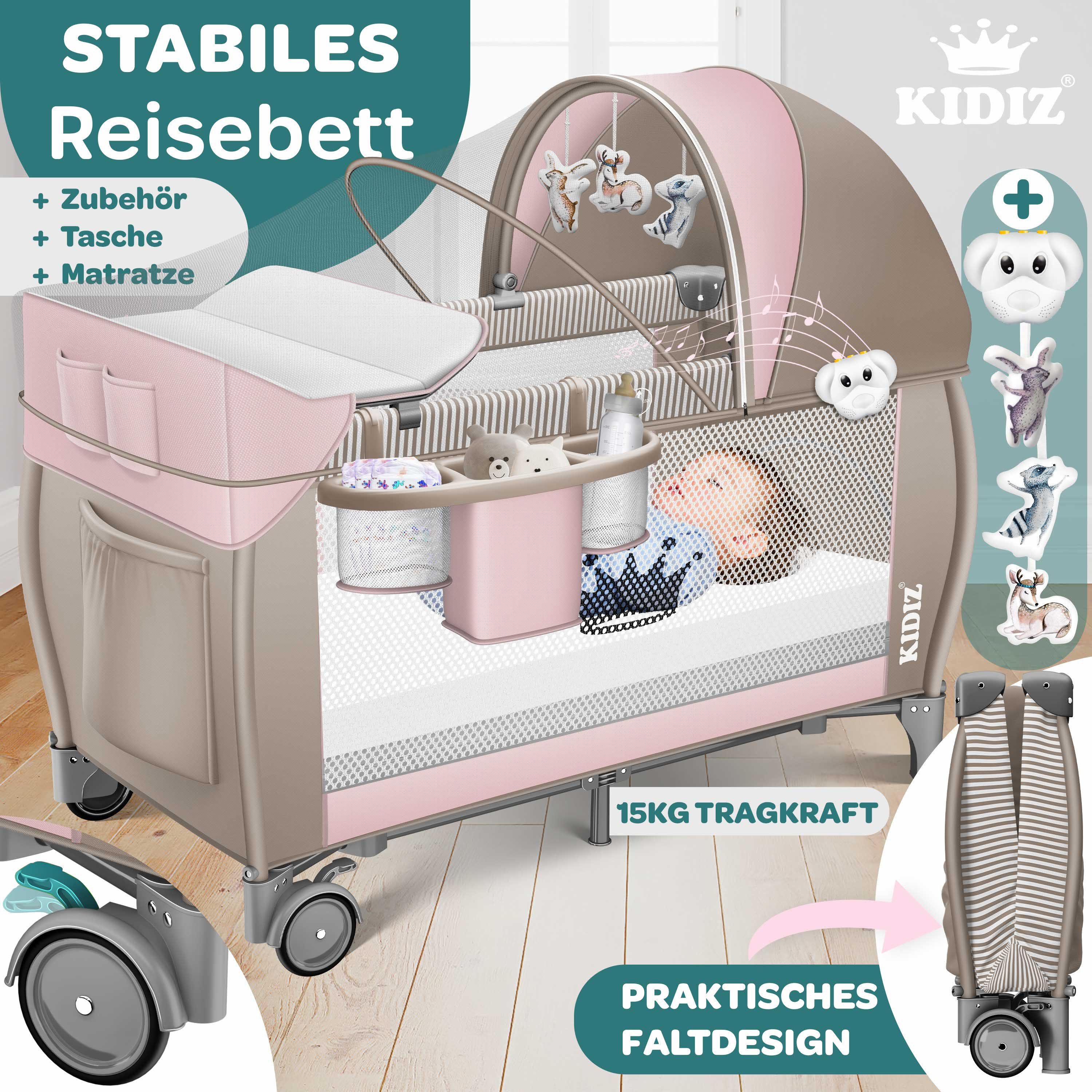 KIDIZ Baby-Reisebett, Babybett Kombi Set mit Matratze & Wickelauflage ab Geburt bis 15 kg