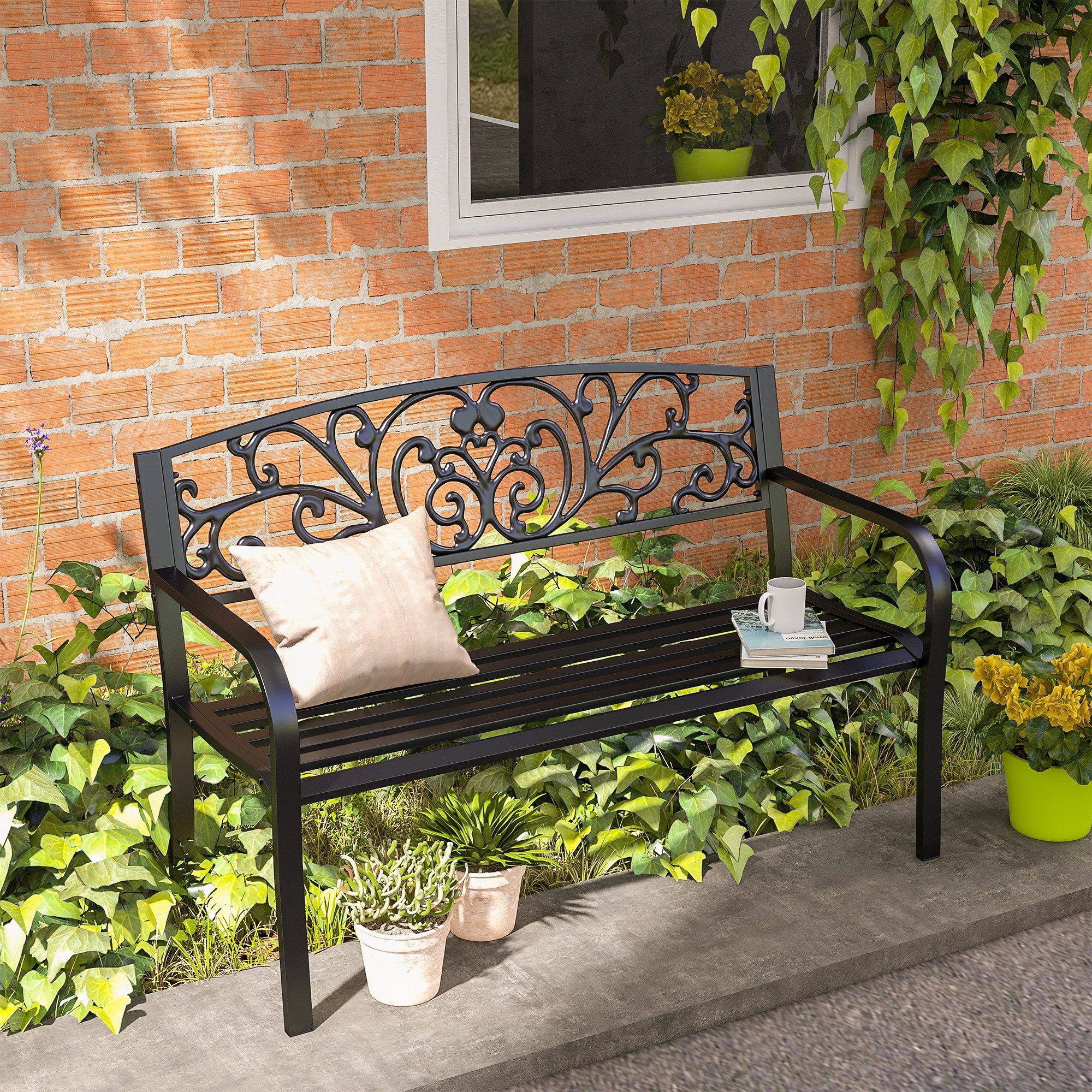 Outsunny Gartenbank wetterfeste Metall Sitzbank mit Armlehne, Schwarz (Balkonbank, 1-St., Parkbank mit Rückenlehne), bis 250 kg Belastbar für Balkon, Terrasse