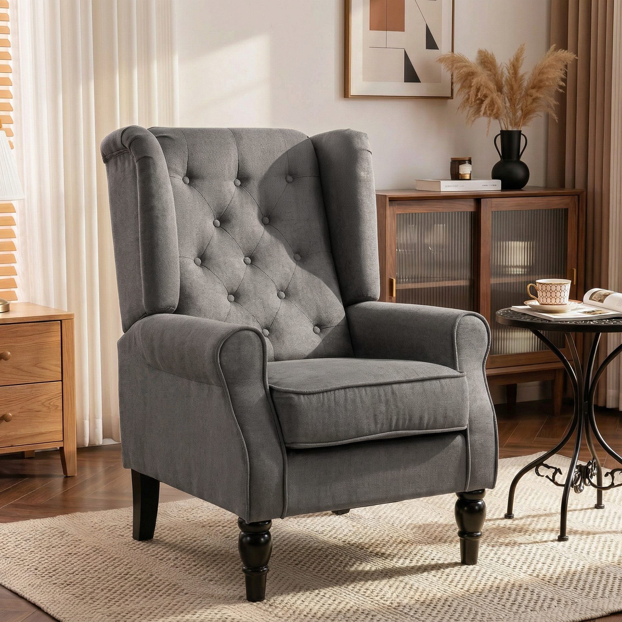 HOMCOM Sessel Einzelsessel, Akzentsessel mit Tufting Holzfüße (Ohrensessel, 1-St., Einzelsessel), für Wohnzimmer, Dunkelgrau