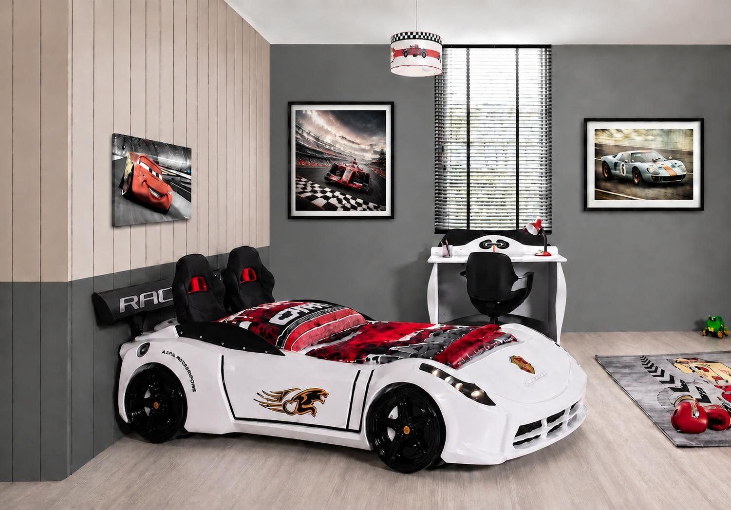 JVmoebel Autobett Autobett Rennwagen Kinderbett Sportwagen Weiß Racing Design (2-tlg), Made in Europa