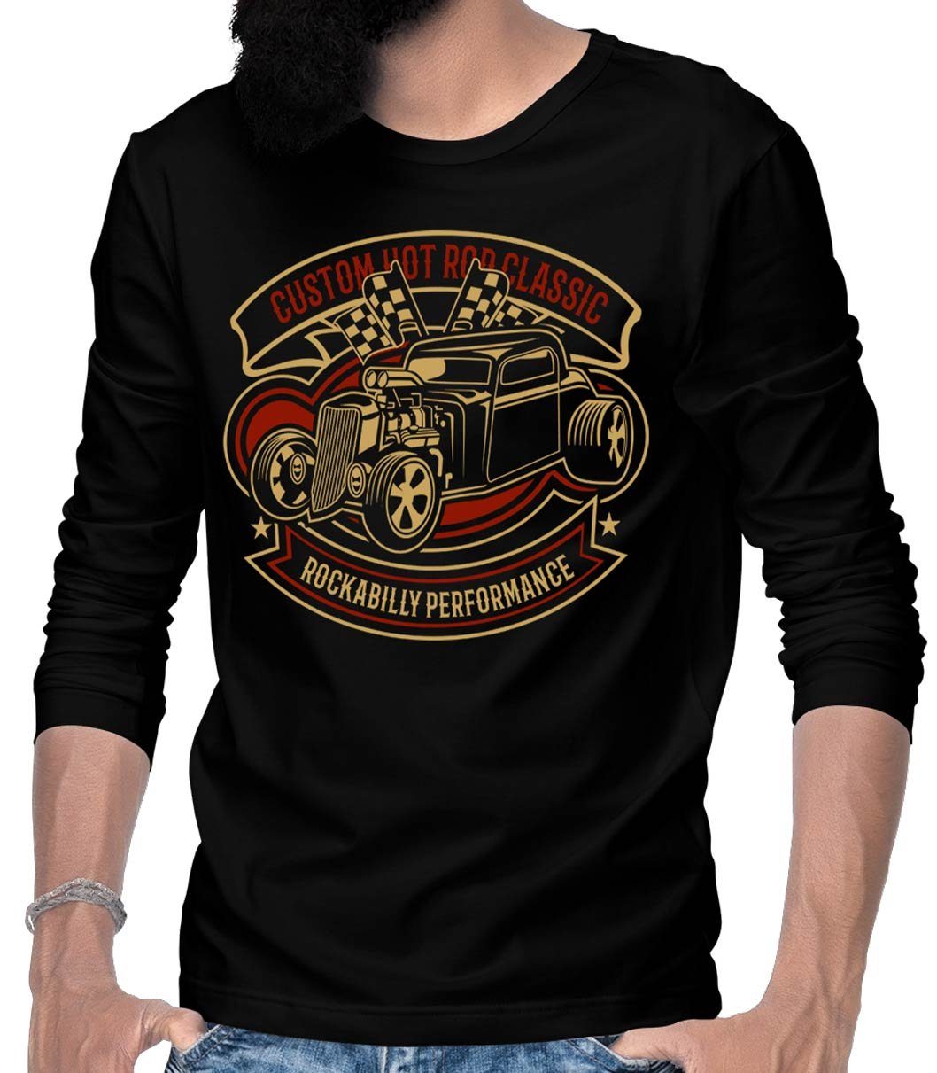 Rebel mit Motiv Herren Tee Custom Longsleeve / T-Shirt US-Car Hotrod Classic On Hotrod Langarm Schwarz Wheels Longsleeve