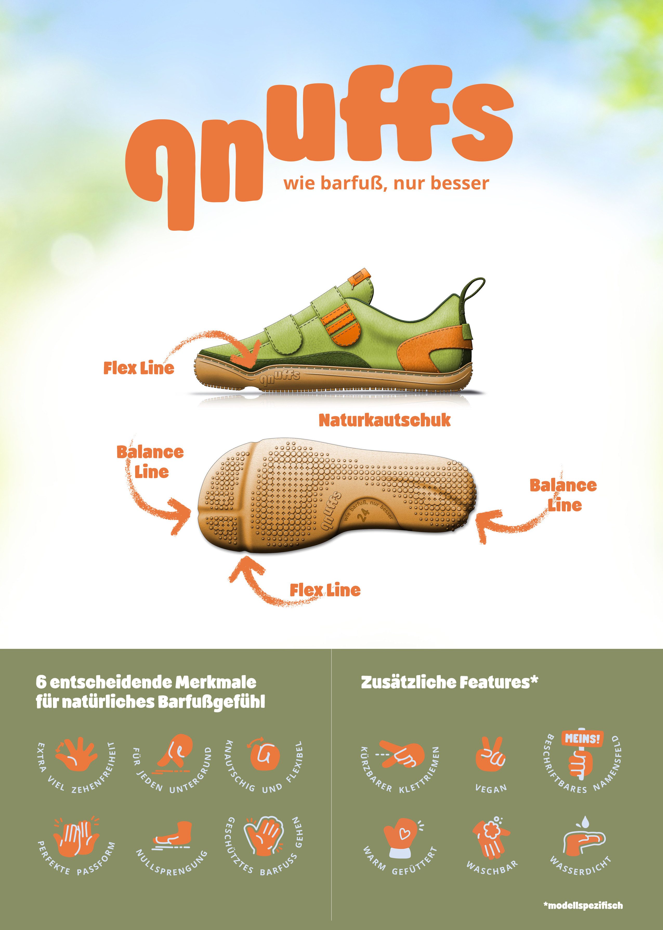 qnuffs Fichte Barfußschuh Klettschuh, Sneaker, Halbschuh mit Kontrastbesätzen