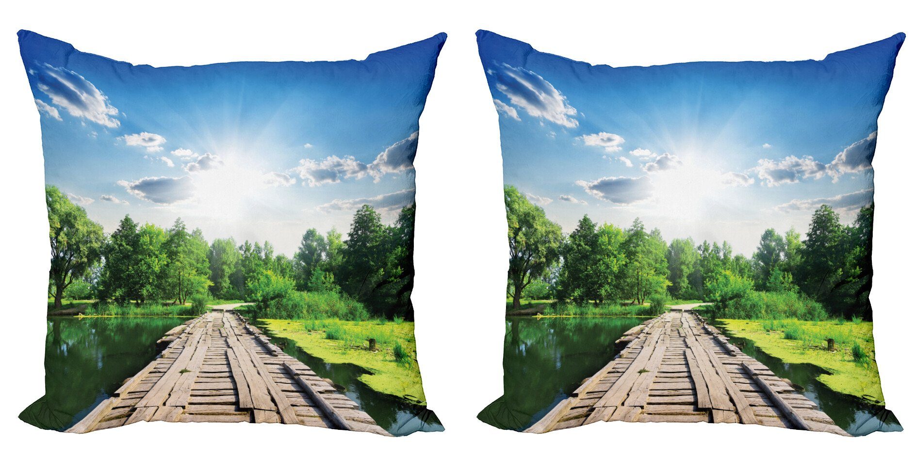 Kissenbezüge Modern Accent Doppelseitiger Digitaldruck, Abakuhaus (2 Stück), Natur Hölzerne Brücke über Fluss