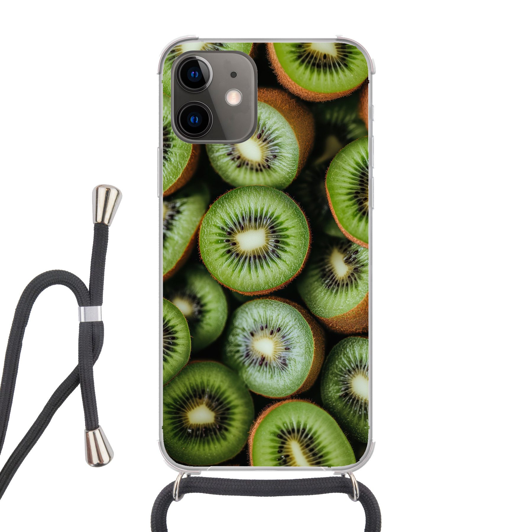 MuchoWow Handyhülle für Apple iPhone 12 Mini Kiwi - Obst - Grün, Tragbare Handyhüllen mit Kette zum umhängen, Handykette Handyband