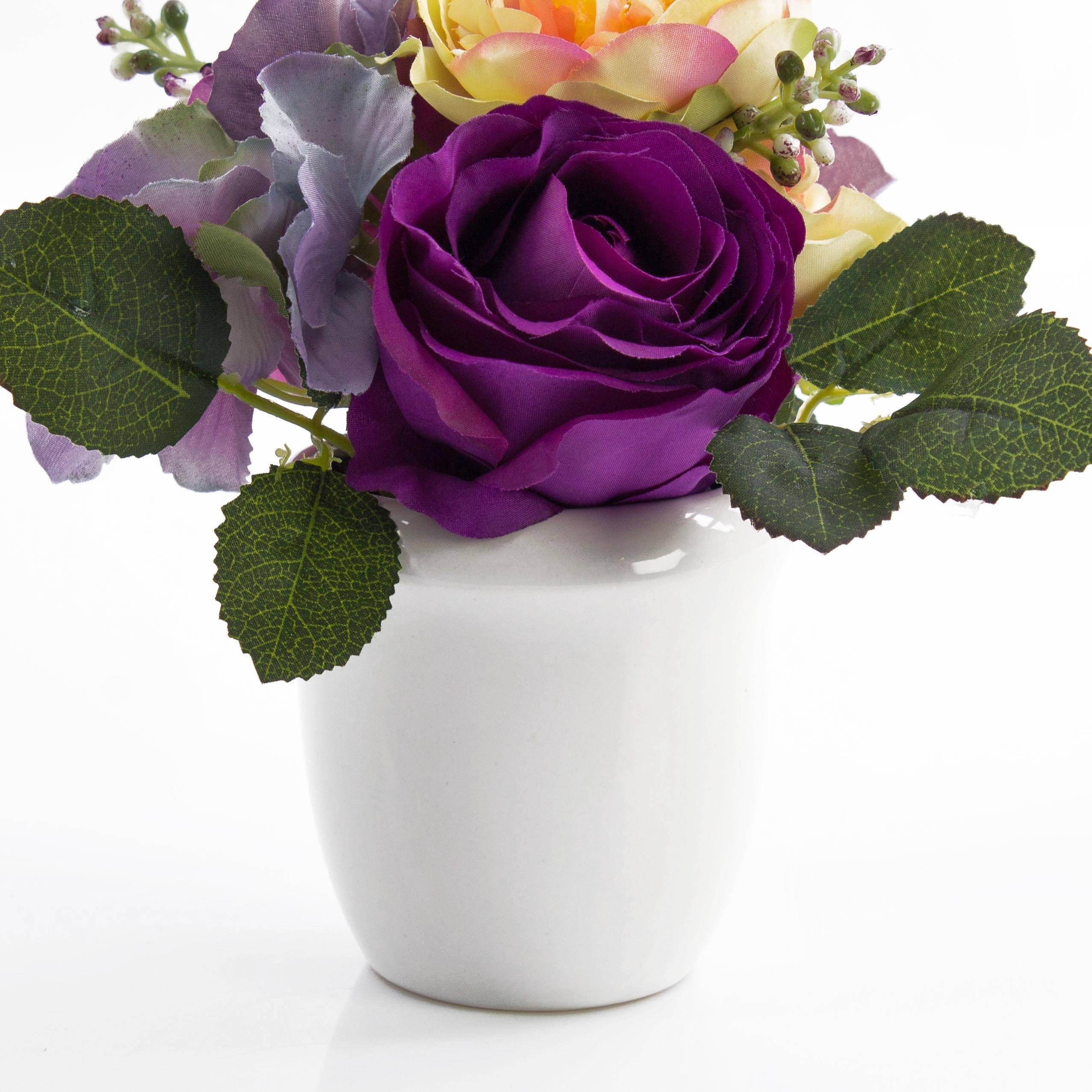 Gestecke Rosen, Hortensien Feline im Keramiktopf, Creme - lila, 20cm, Ø 23cm, artplants