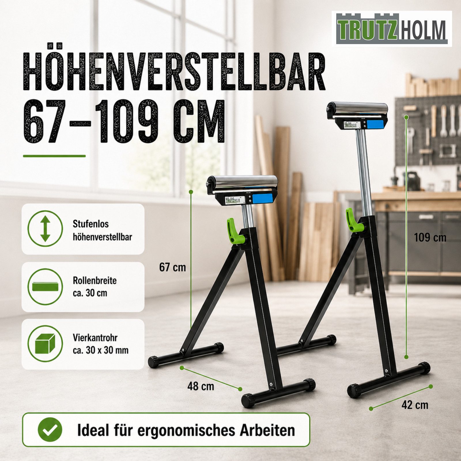TRUTZHOLM Gerüst 2x Rollenbock 90 kg höhenverstellbar bis 109cm 30 cm Rollenbreite, (Spar-Set), klappbar