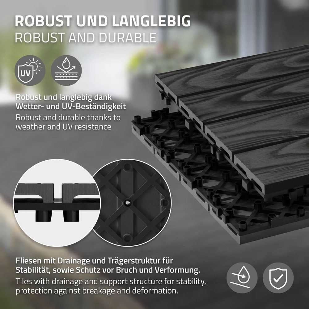 ECD Germany Terrassendielen WPC Bodenplatte Terrassenfliesen Fliesen mit Drainage und Klicksystem, BxL: je 30x30 cm, Bodenbelag 1m²/11 Stück Anthrazit rutschfest Balkonfliesen