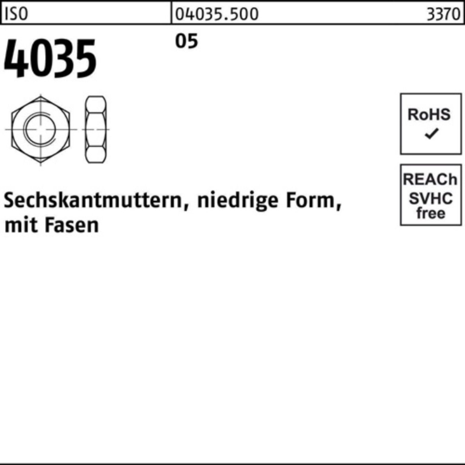 Reyher Muttern 500er Pack Sechskantmutter ISO 4035 niedrig Fasen M10 5 500 Stück ISO