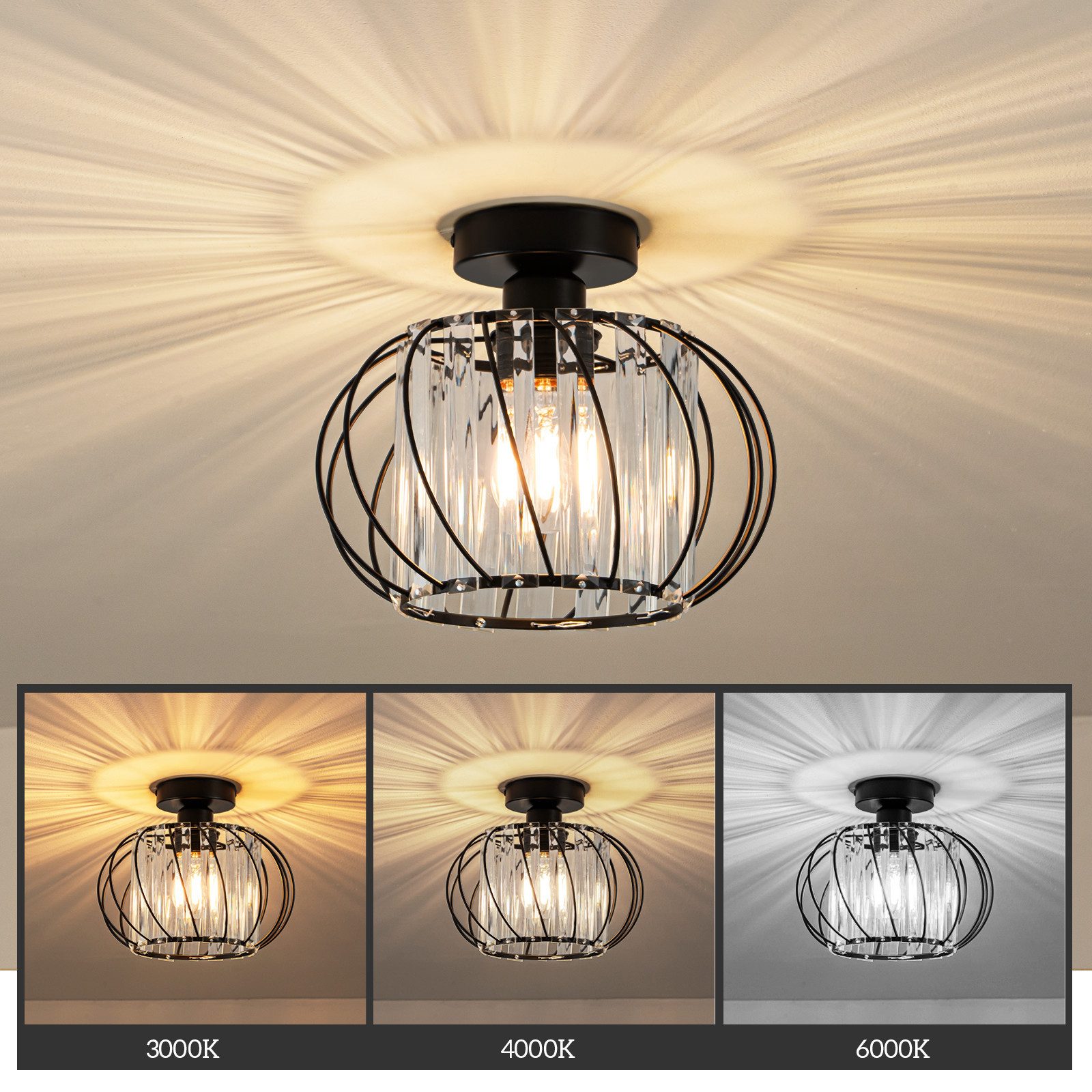 Nettlife Deckenleuchte Retro Schwarz Kristall E27 1-Flammig Metall Deckenlampe für Küche Flur, ohne Leuchtmittel, Innen Deckenbeleuchtung für Korridor Balkon fl – Bild 3 von 5