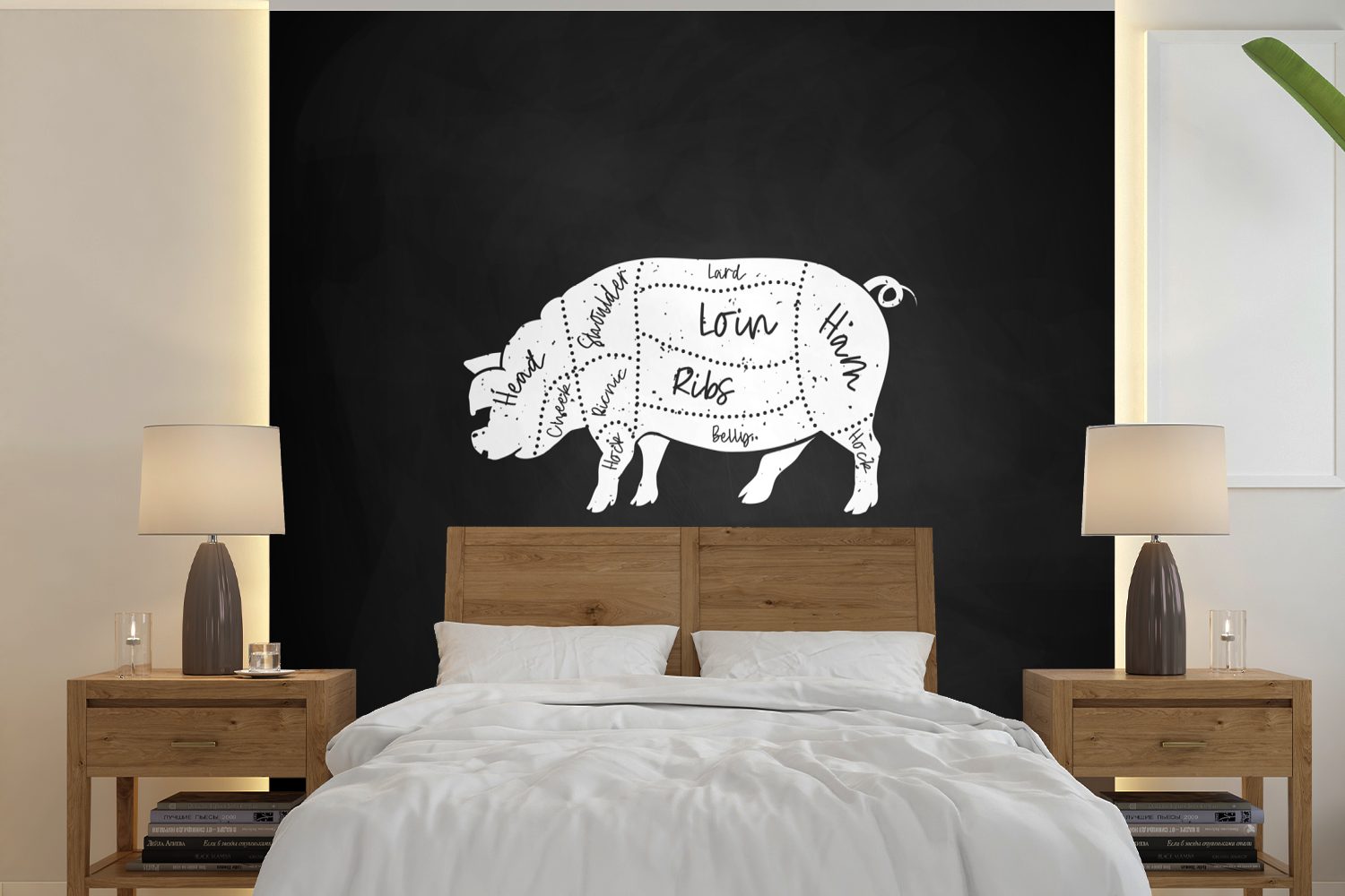 MuchoWow Fototapete Küche - Schwein - Fleisch, Matt, bedruckt, (5 St), Vinyl Tapete für Wohnzimmer oder Schlafzimmer, Wandtapete
