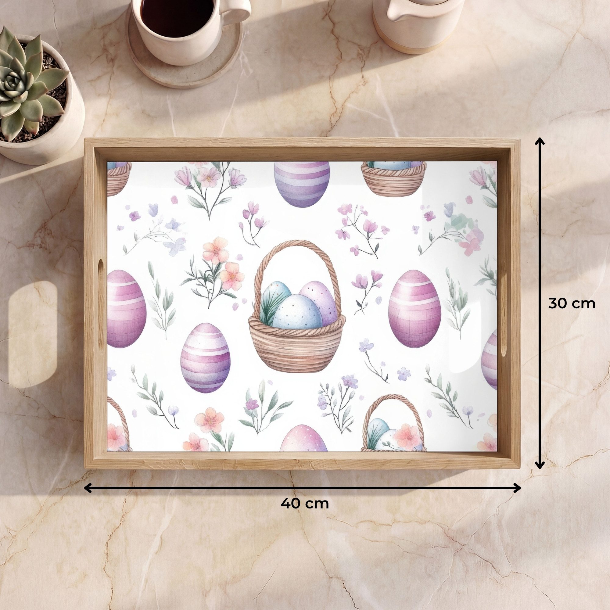 OnlyWow Tablett Rechteckig mit Henkel Blumen - Ostereier - Muster, Eichenholz, (1-tlg), Siervierplatte, Tray, Frühstücksbrett
