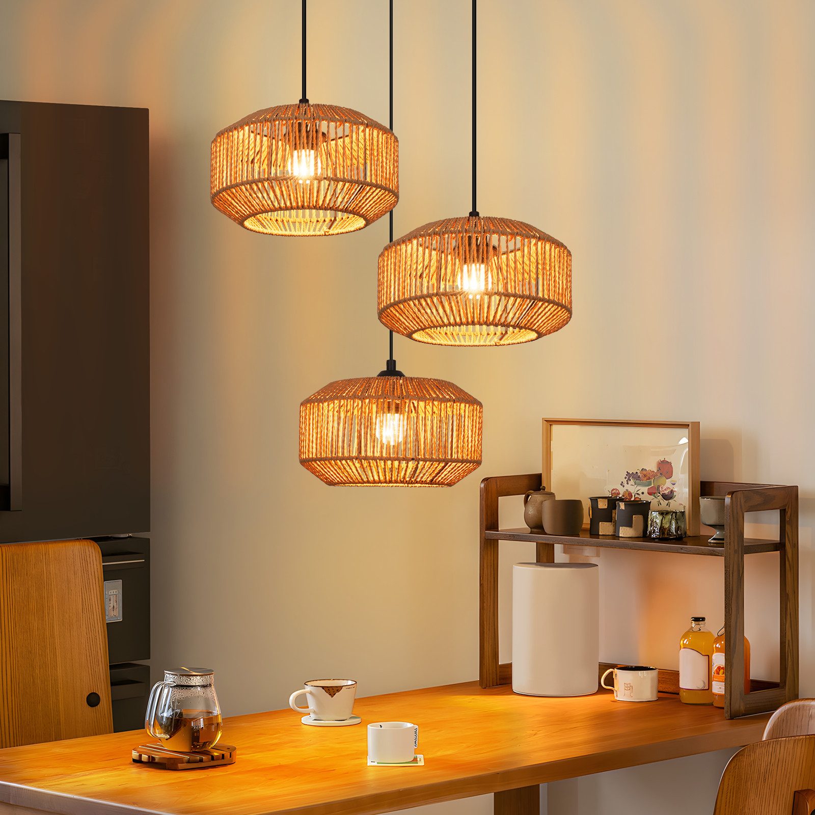 Nettlife Pendelleuchte Rattan Hängeleuchte 3 flammig Boho E27 für Esszimmer Wohnzimmer, Ohne Leuchtmittel, für Esstisch Esszimmer Schlafzimmer Wohnzimmer