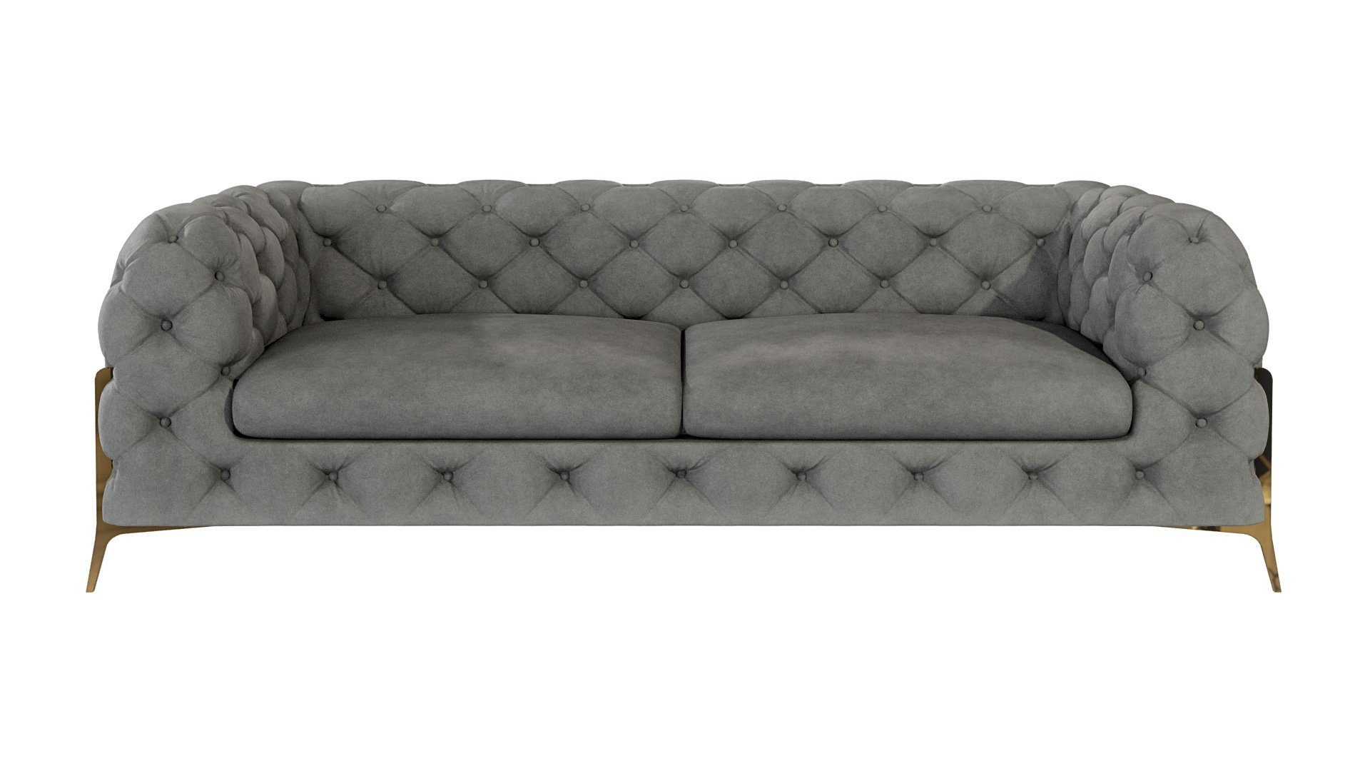 Wellenfederung Grau Goldene 3-Sitzer Ashley Sofa Möbel Metall Füßen, Chesterfield mit mit S-Style
