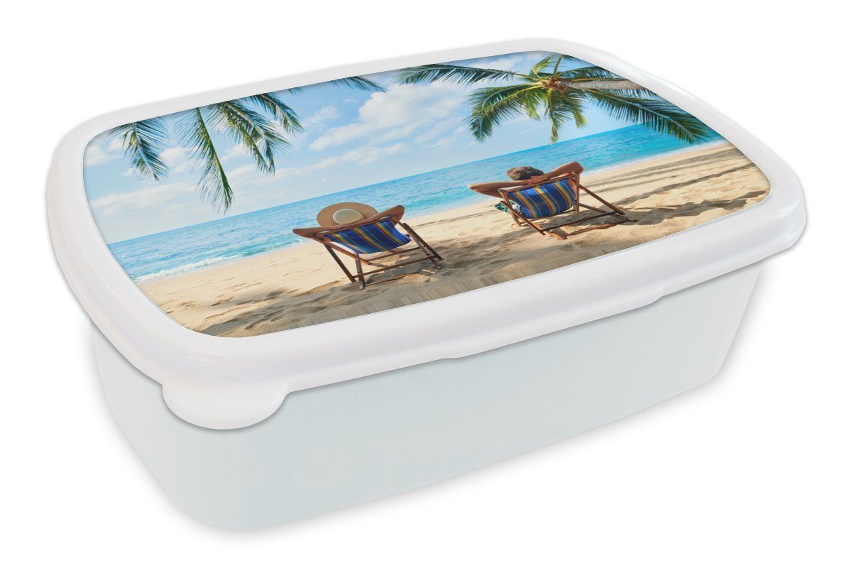 MuchoWow Lunchbox Strand - Sommer - Palmen, Kunststoff, (2-tlg), Brotbox für Kinder und Erwachsene, Brotdose, für Jungs und Mädchen weiß