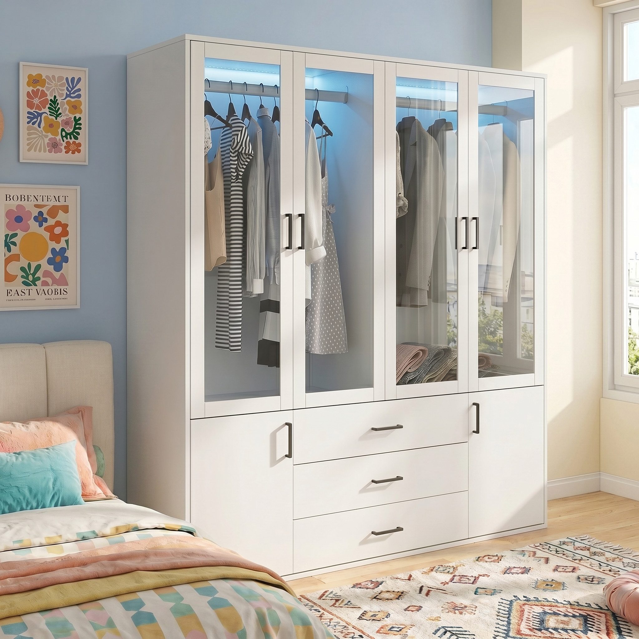 Simurq Kleiderschrank LED Kleiderschrank Schlafzimmer Drehtüren Garderobenschrank Schubladen