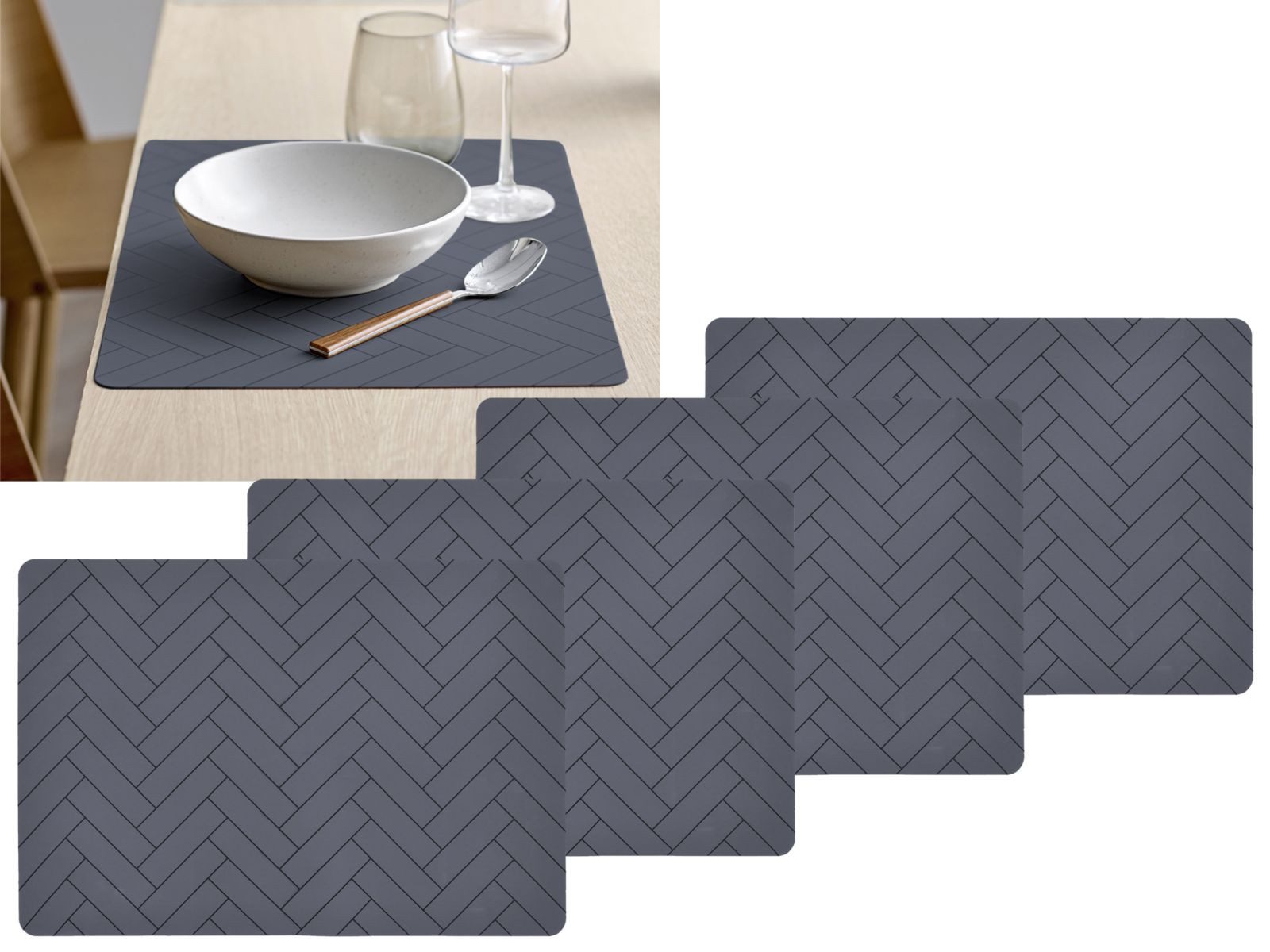 Södahl Platzset Tiles, 4er Tischset abwischbar, Platzdecken aus Silikon, Skandi, dunkelgrau