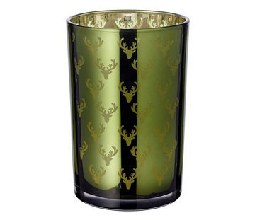 EDZARD Windlicht Dirk, Kerzenglas mit Hirsch-Motiv in Gold-Optik, Teelichtglas für Teelichter, Höhe 18 cm, Ø 12 cm