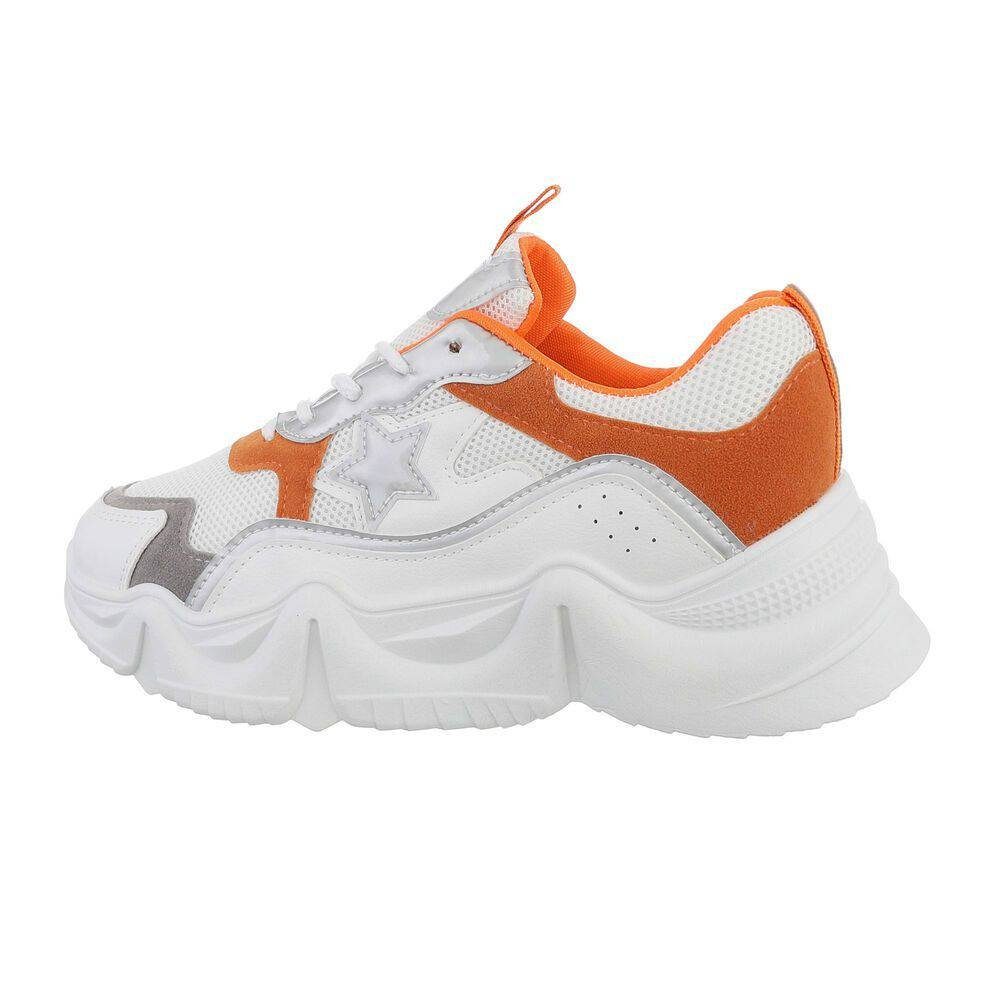Flach Sneaker Weiß, Low-Top Sneakers Weiß Orange in Low Freizeit Ital-Design Damen