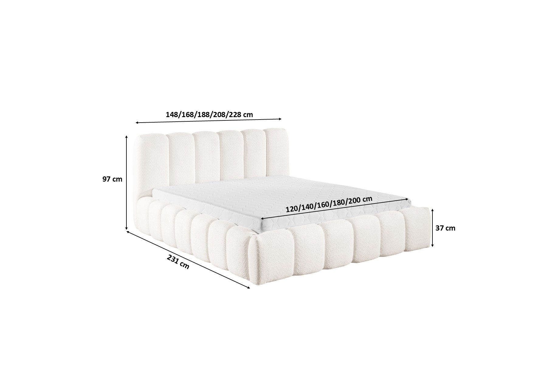 Kaiser Möbel Polsterbett mit Bettkasten, Bouclé-Stoff Catch Me, MICANDI (Bett mit Bettkasten, Bettgestell mit Lattenrost), Bouclé-Stoff,Vertikale Ziernähte, Premium-Ausführung,Modernes Design