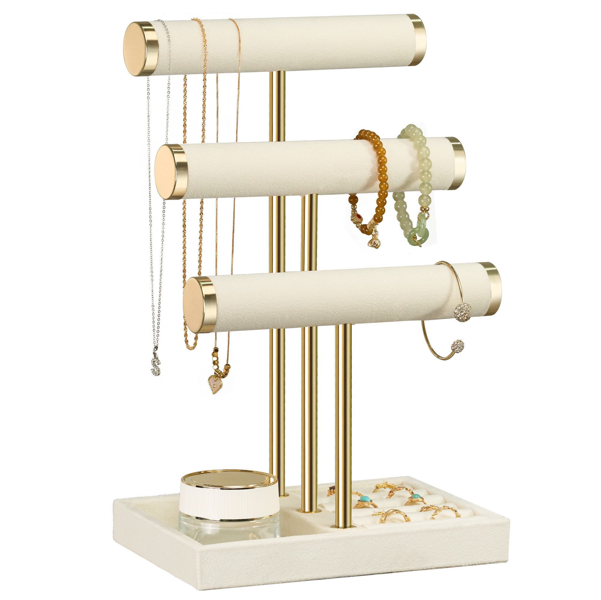 niffgaff Schmuck Etagere Schmuck-Organizer mit 3 Ebenen für Armbänder, Ketten & Ringe, Schmuckständer aus Samt mit abnehmbarem T-Träger