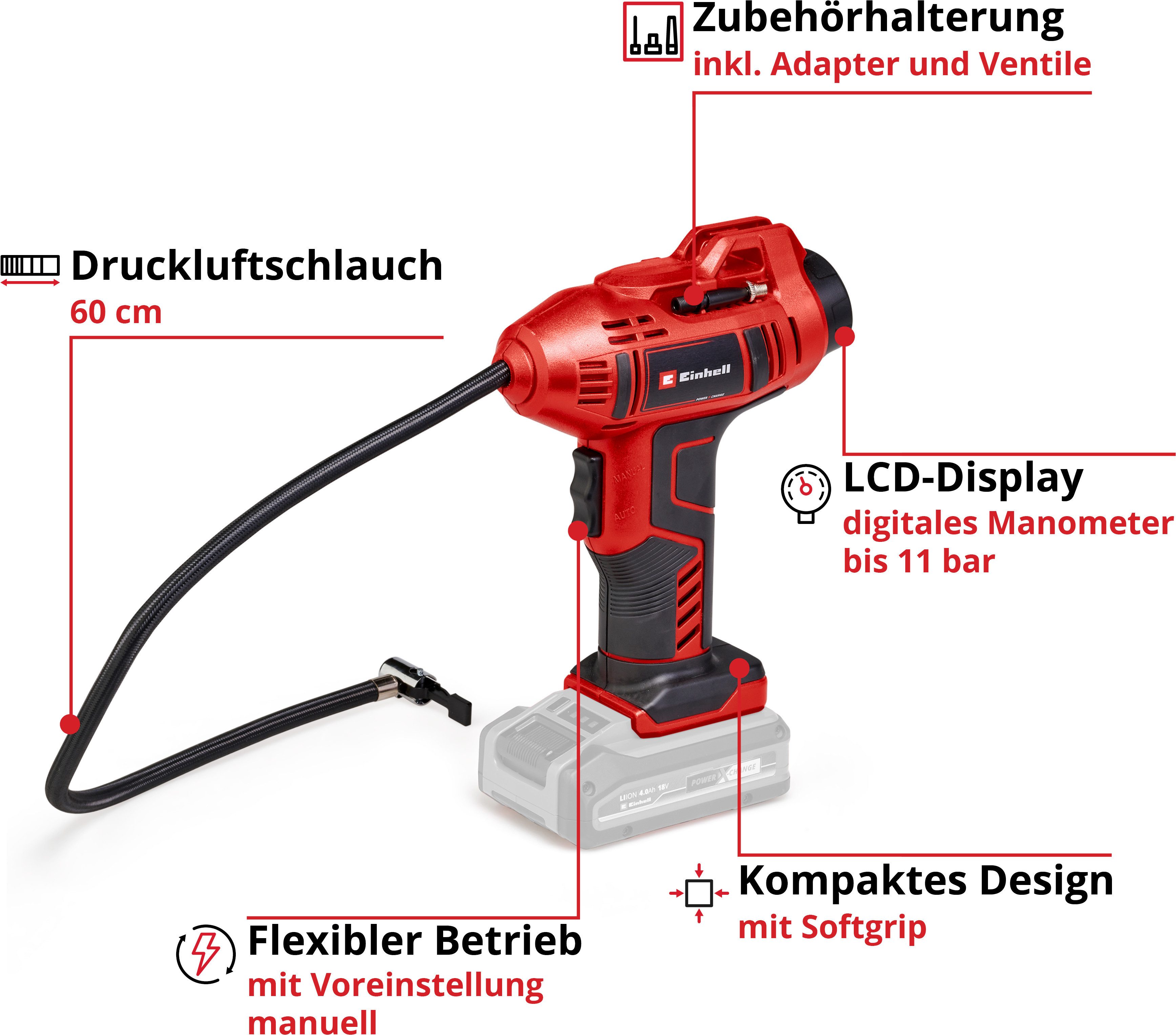 Einhell Akku-Handkompressor CE-CC 18 Li-Solo, max. 11 bar, Set, 5-tlg., Inklusive 3-teiligem Adapter-Set, ohne Akku, ohne Ladegerät