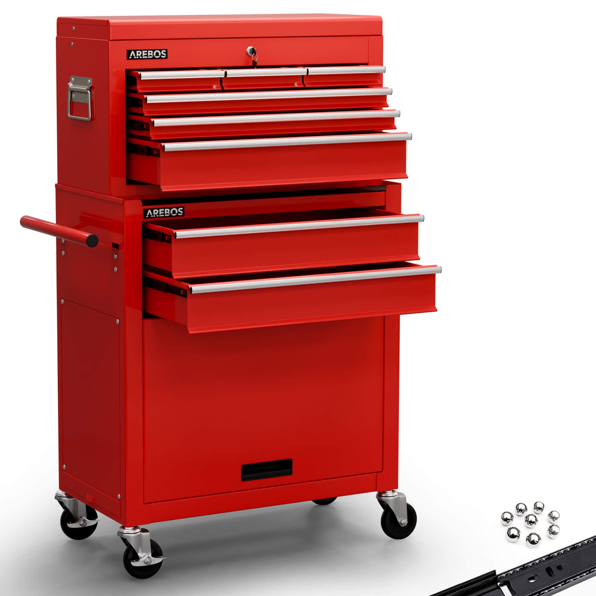 Arebos Тележка для мастерских 9 Fächer, Transportwagen Werkzeug Rollwagen Werkzeugkasten, rot, mit Antirutschmatten, Kratzresistent, pulverbeschichtet