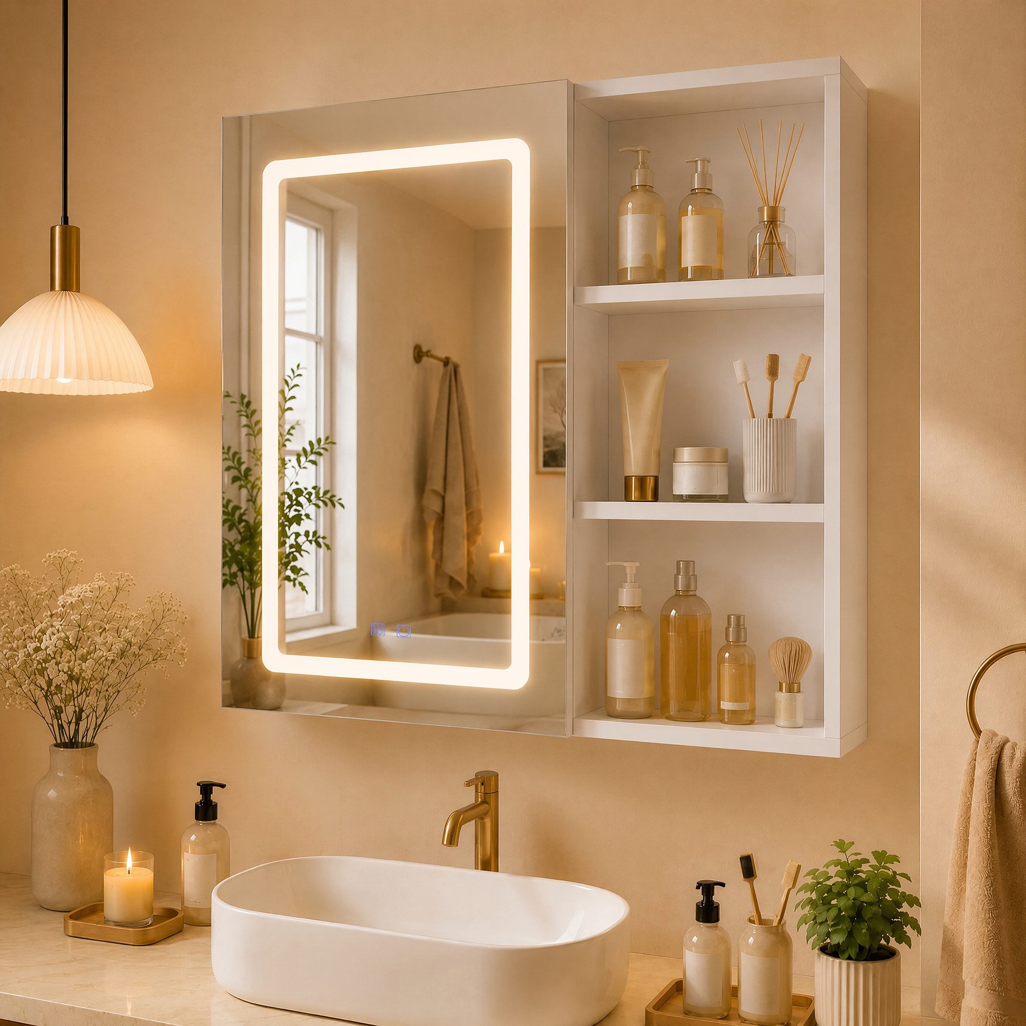PXloue Badezimmerspiegelschrank mit licht Spiegelschrank bad mit beleuchtung (Einstellung der warmen und kalten Farbtemperatur 3000/4500/6400K) inkl. LED-Beleuchtung, Stecker, Touchschalter, Beschlagfrei