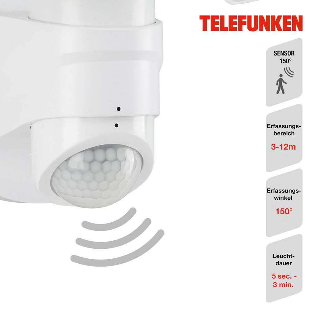 Telefunken Außen-Wandleuchte 304606TF, Leuchtdauer einstellbar, LED fest integriert, 2700K - Extra-Warmweiß, Außenleuchte Sensor IP44 4000K 2000lm 20W 25,8x21,8x16cm