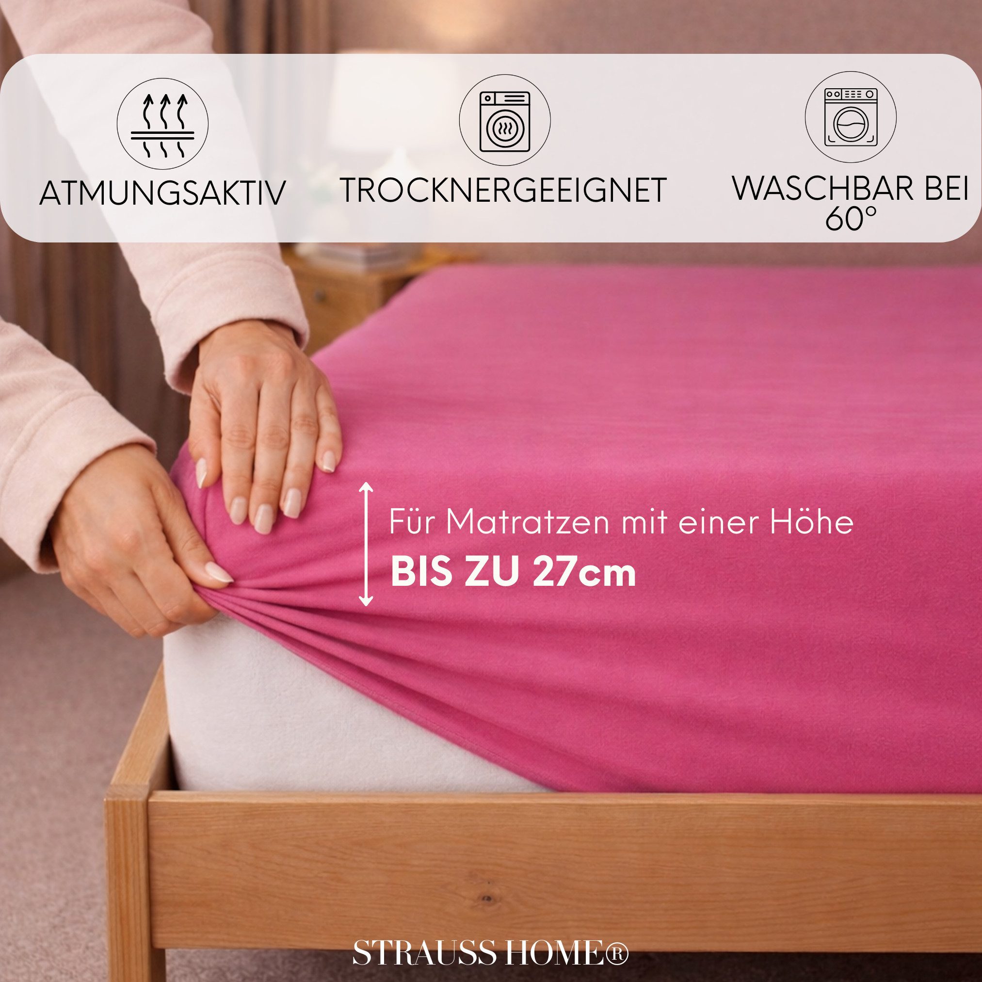 Strauss Home Spannbettlaken Premium 160 g/m² Gekämmte Baumwolle Jersey in Hotelqualität, Gummizug: Rundumgummi, OEKO-TEX®-zertifiziert - Hotelqualität – Formstabil & Langlebig