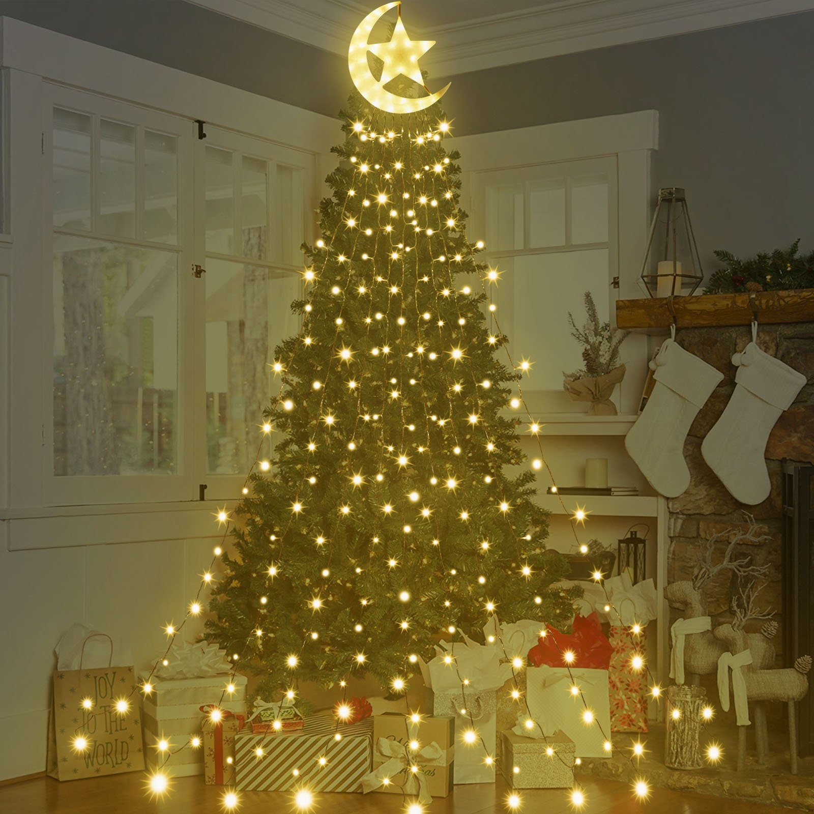 Weiß Lichterkette, Weihnachtsbaum Warmes Star,Christbaumbeleuchtung,8-Modi,Timer,IP44 350-flammig, LED-Lichterkette,Christbaumbeleuchtung,LED mit Topper Laybasic Moon LED-Lichterkette
