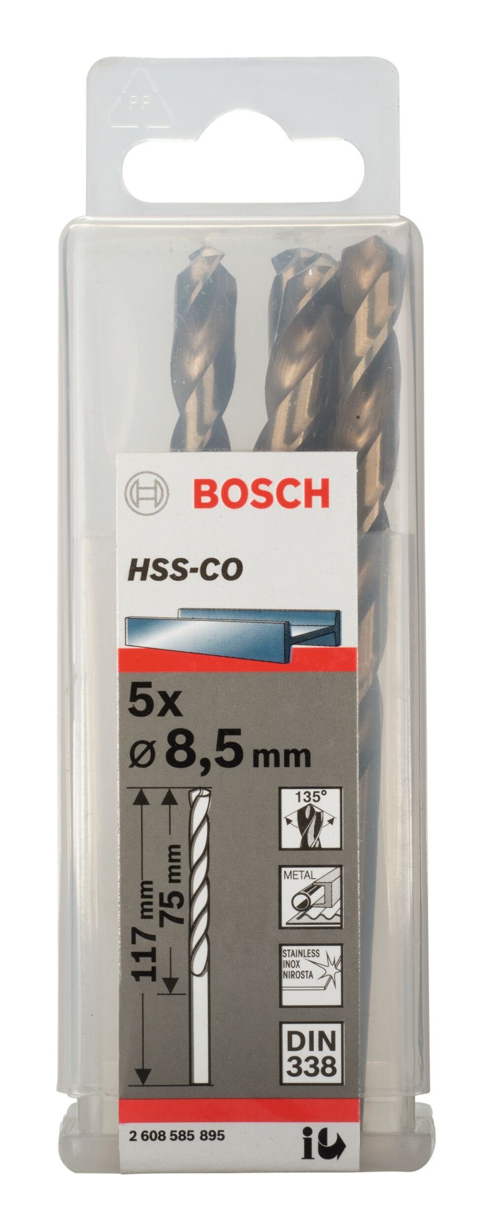 HSS-Co 75 - BOSCH - (5 Metallbohrer, x mm 338) 117 8,5 5er-Pack (DIN Stück), x