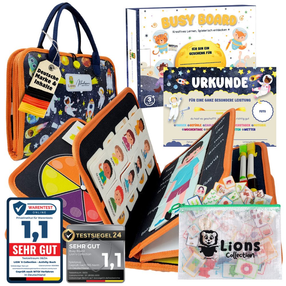 Lions Collection Lernspielzeug Busy Board Deutsch - Montessori Spielzeug - Motorikmappe, Quiet Book