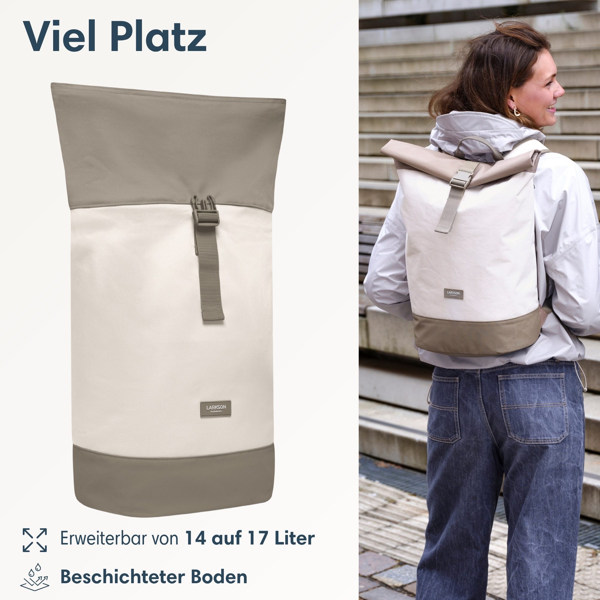 LARKSON Cityrucksack Janne Tagesrucksack 14-17 Liter für Damen & Herren (1-tlg), Flexible Größe, Gepolstertes Laptopfach, Wasserabweisend