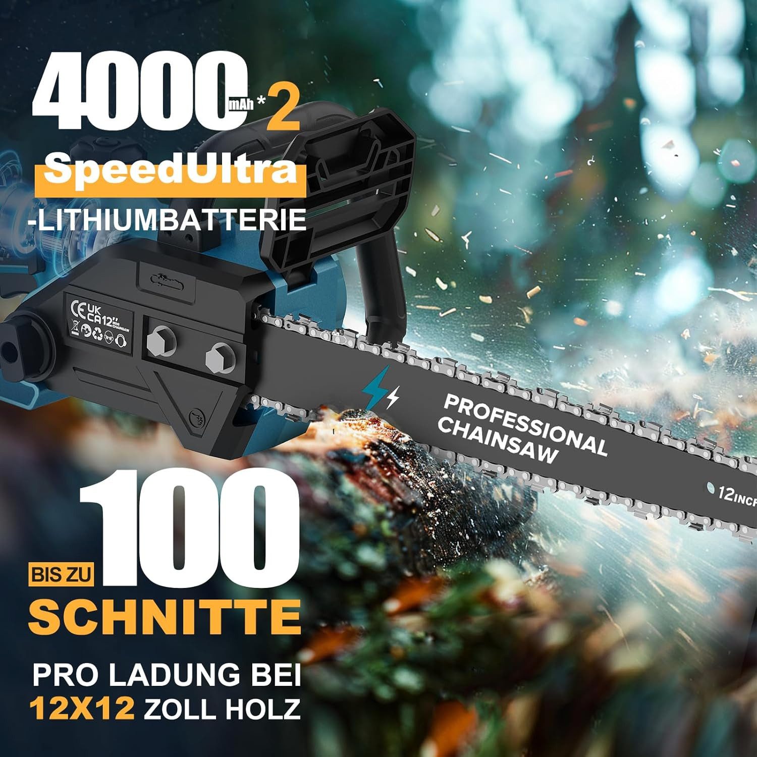 Rinoxar Akku-Kettensäge 12 Zoll Akku Kettensäge, 1800W Kabellose Elektrokettensäge mit 2 akku, 30 cm Schwertlänge, Kabellose Astsäge für Gartengeräte, Holzschneiden, Heimwerken