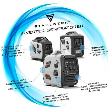 STAHLWERK Stromgenerator IG-3500 ST Inverter Benzin Generator Stromerzeuger, 3,5 in kW, Notstromaggregat mit 3,5 kW / 4,76 PS Leistung, diverse Anschlusse AC 230 V / DC 12 V / USB 5 V, der stärkste und leichteste seiner Klasse - 7 Jahre Garantie