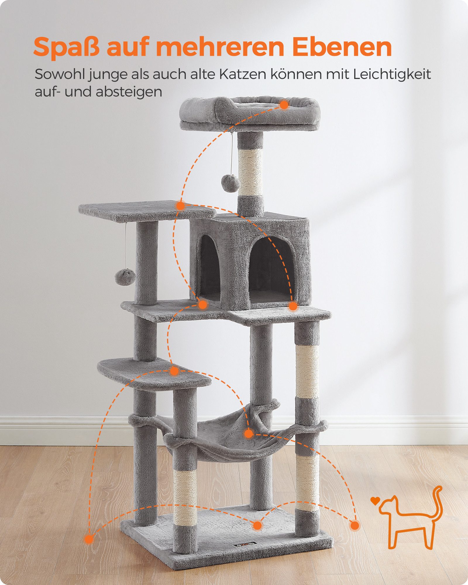 FEANDREA Kratzbaum Katzenbaum, Mehrstöckiges Katzenhaus, mit 4 Kratzsäulen, 2 Plattformen, Hängematte, Höhle, stabiler