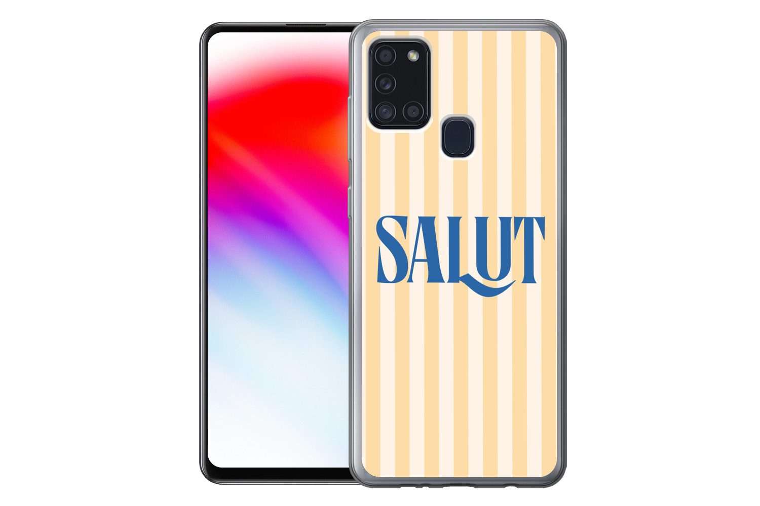 MuchoWow Handyhülle für Samsung Galaxy A21s Salut - Zitat - Streifen - Gelb - Blau - Weiß, Smartphone-Bumper, Print, Handy Schutzhülle Dünn