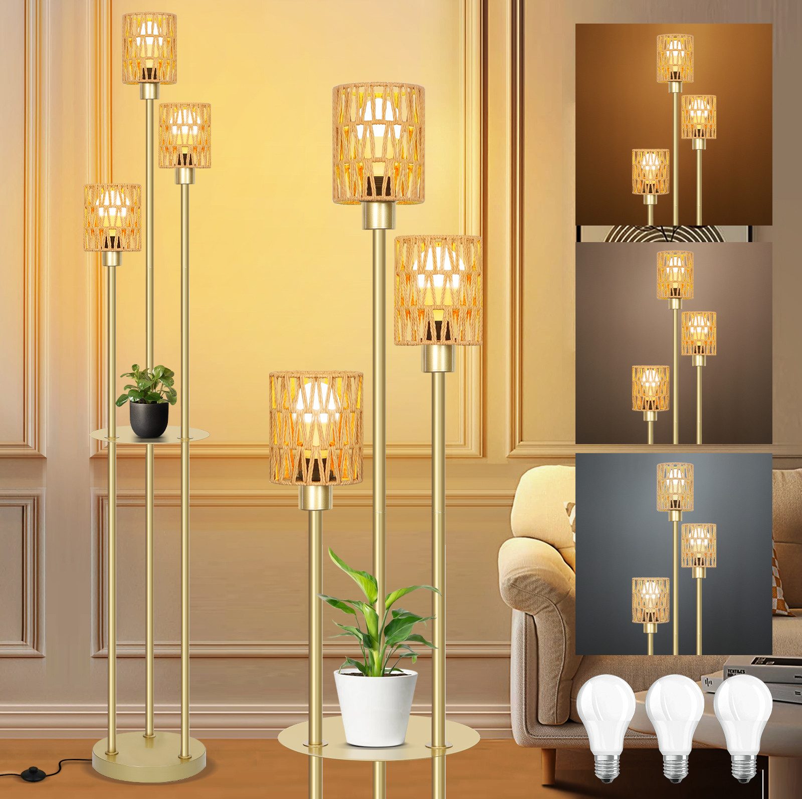 MUPOO Stehlampe Rattan Stehlampe Wohnzimmer,3-flammige Vintage günstig online kaufen