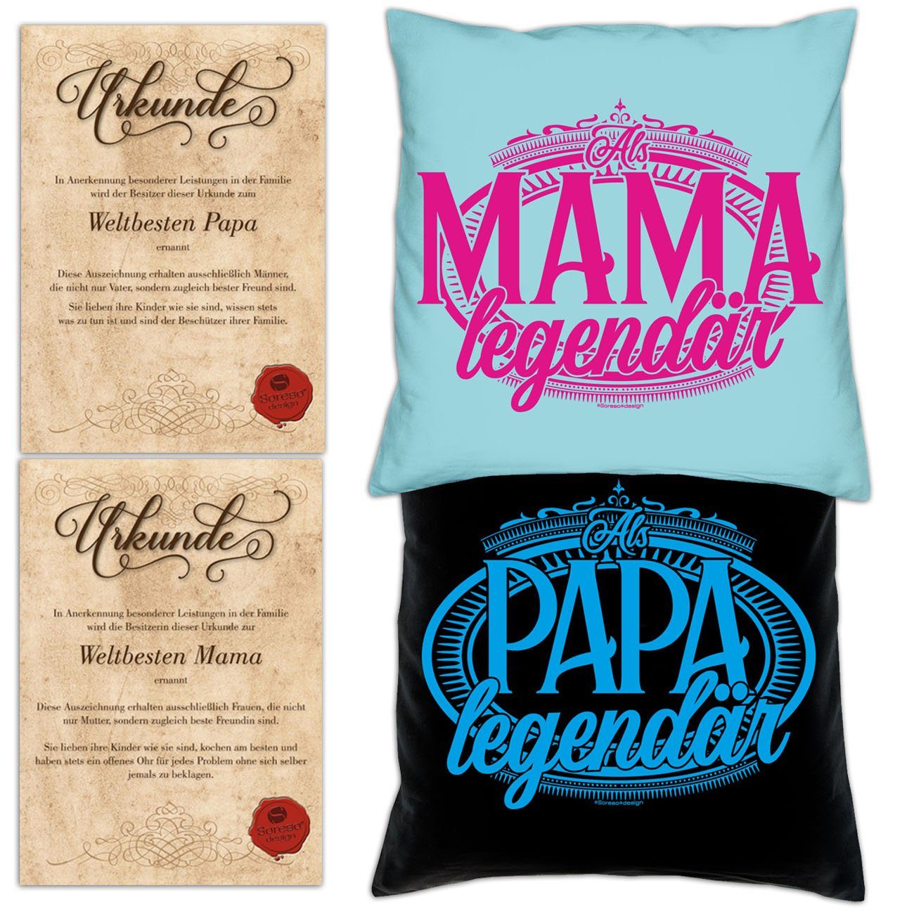 Soreso® Dekokissen Weihnachtsgeschenk legendär Urkunden, hellblau Als Mama legendär Eltern Papa Kissen-Set mit Als für