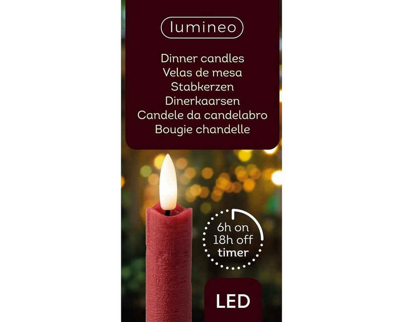 Lumineo LED-Christbaumkerzen Lumineo LED Stabkerzen 2 Stück, 24,5 x 2,2 cm Rot, Batteriebetrieben, Batteriebetrieben, 6h-Timer, Wachsmantel