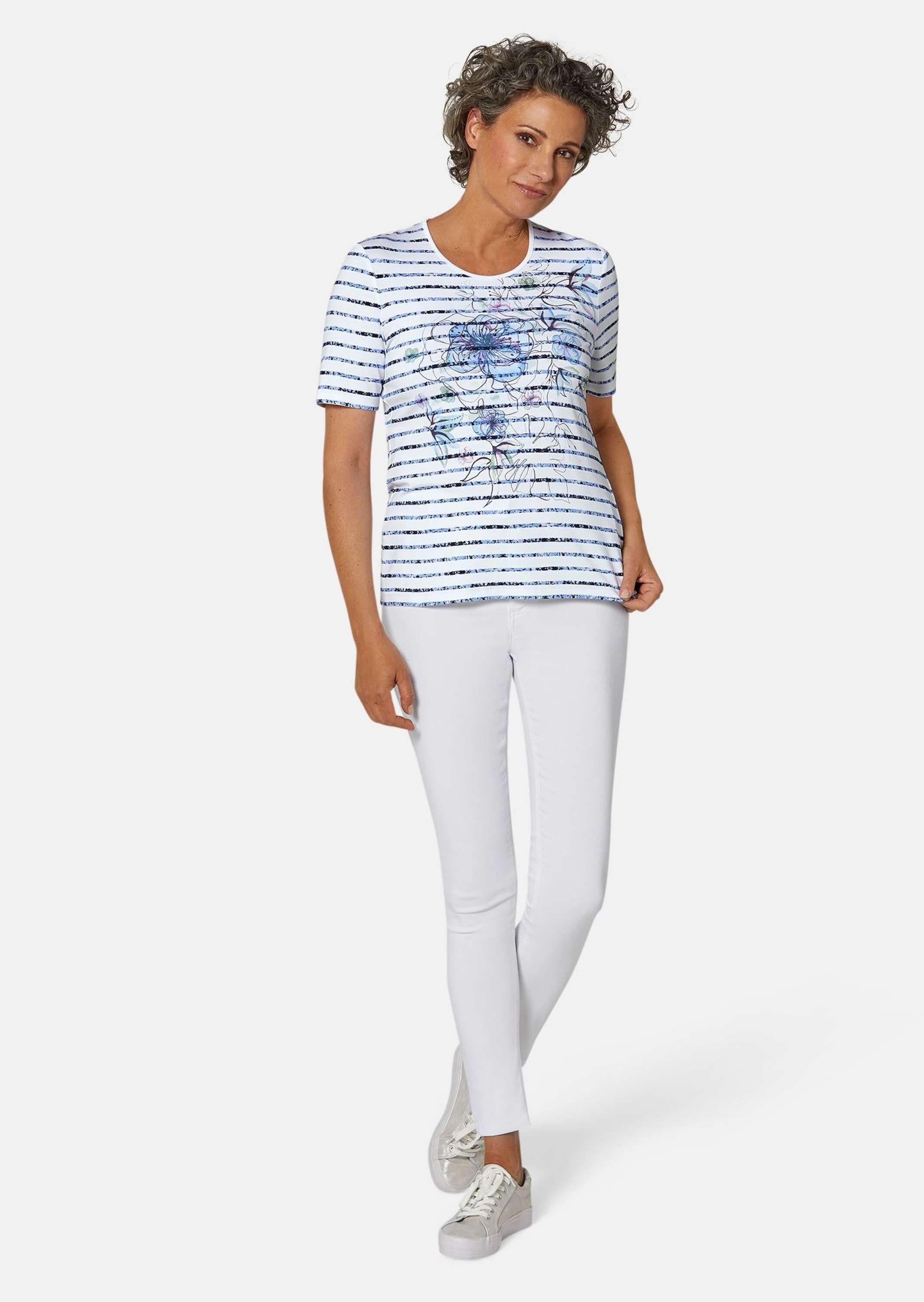 GOLDNER Print-Shirt Streifenshirt mit Blumenmuster Printshirt mit Rundhalsausschnitt und Halbarm