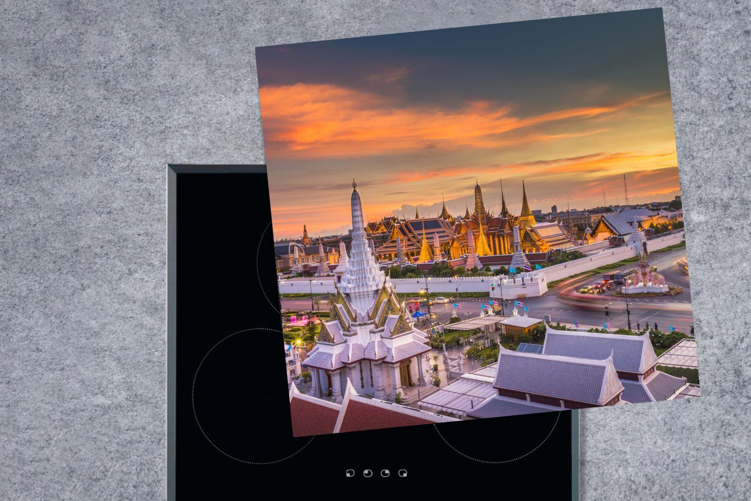 (1 cm, tlg), Arbeitsplatte Bangkok Vinyl, Sonnenuntergang, für - Ceranfeldabdeckung, - MuchoWow Herdblende-/Abdeckplatte 78x78 Schloss küche