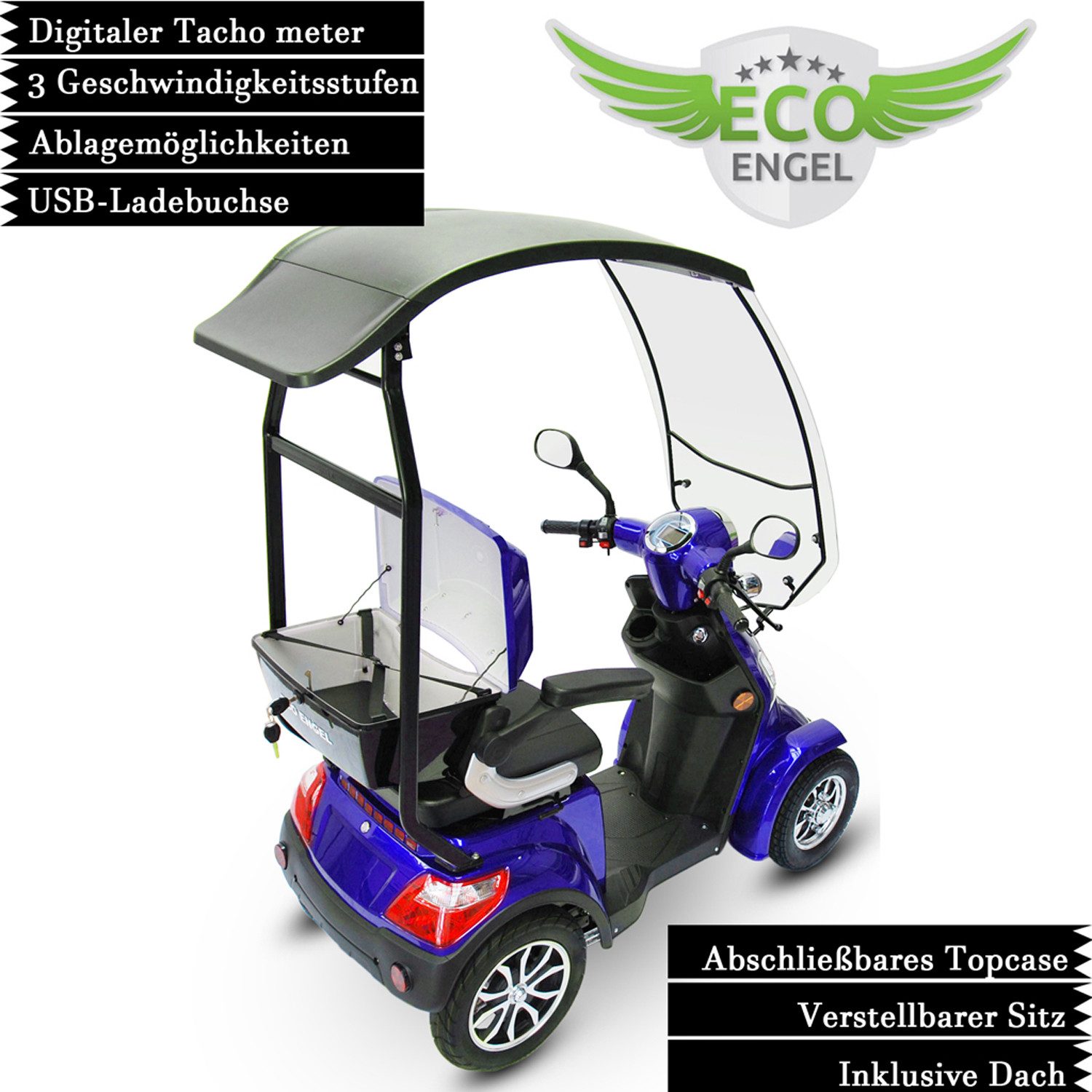 ECO ENGEL Elektromobil E-Scooter 4 Räder ECO ENGEL 510 Rot, 25 km/h mit Dach, Topcase und Dach