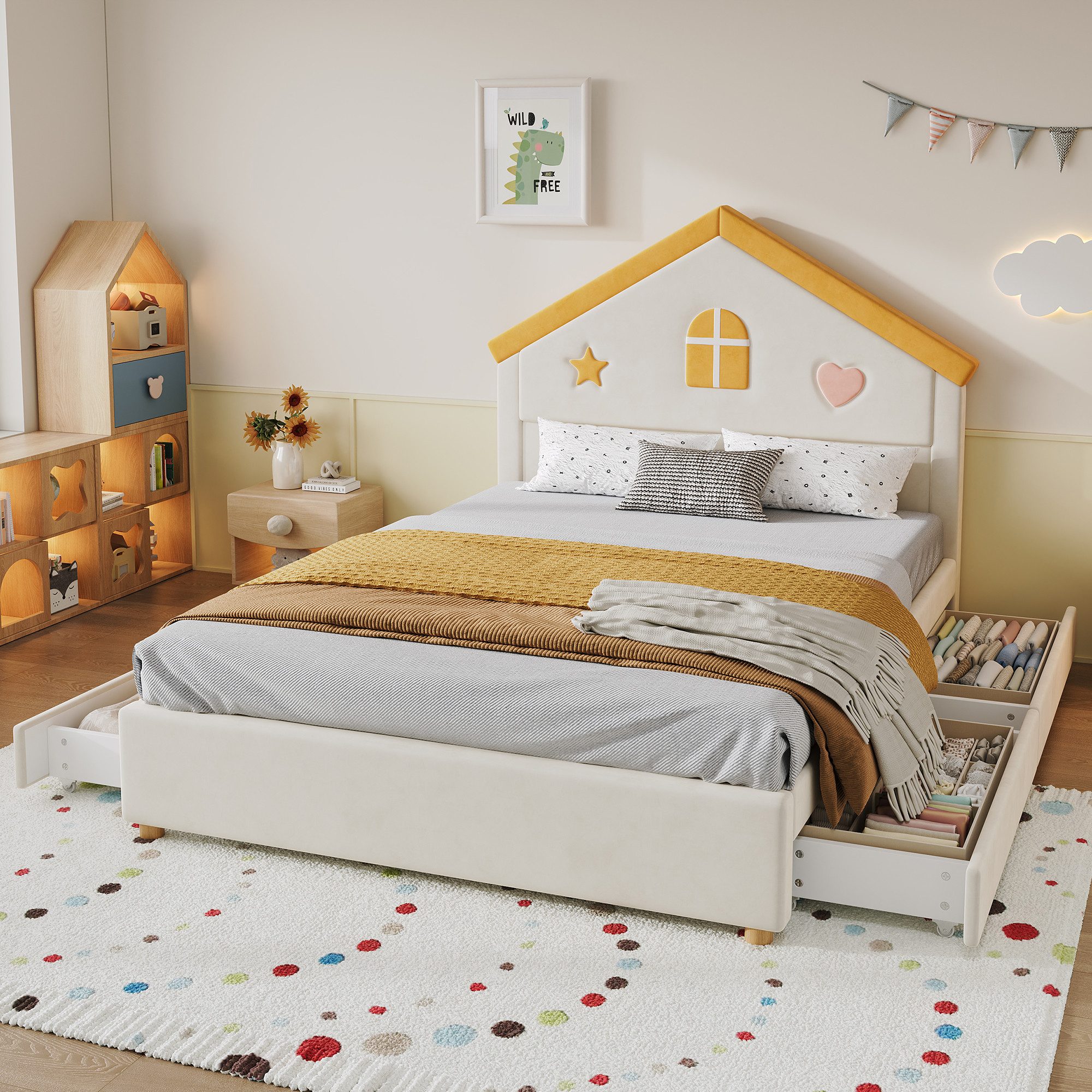 TavilaEcon Kinderbett Hausbett, Polsterbett mit 4 Schubladen & französischem Samtbezug (1-tlg), mit Haus-Kopfteil, 90×200cm, beige