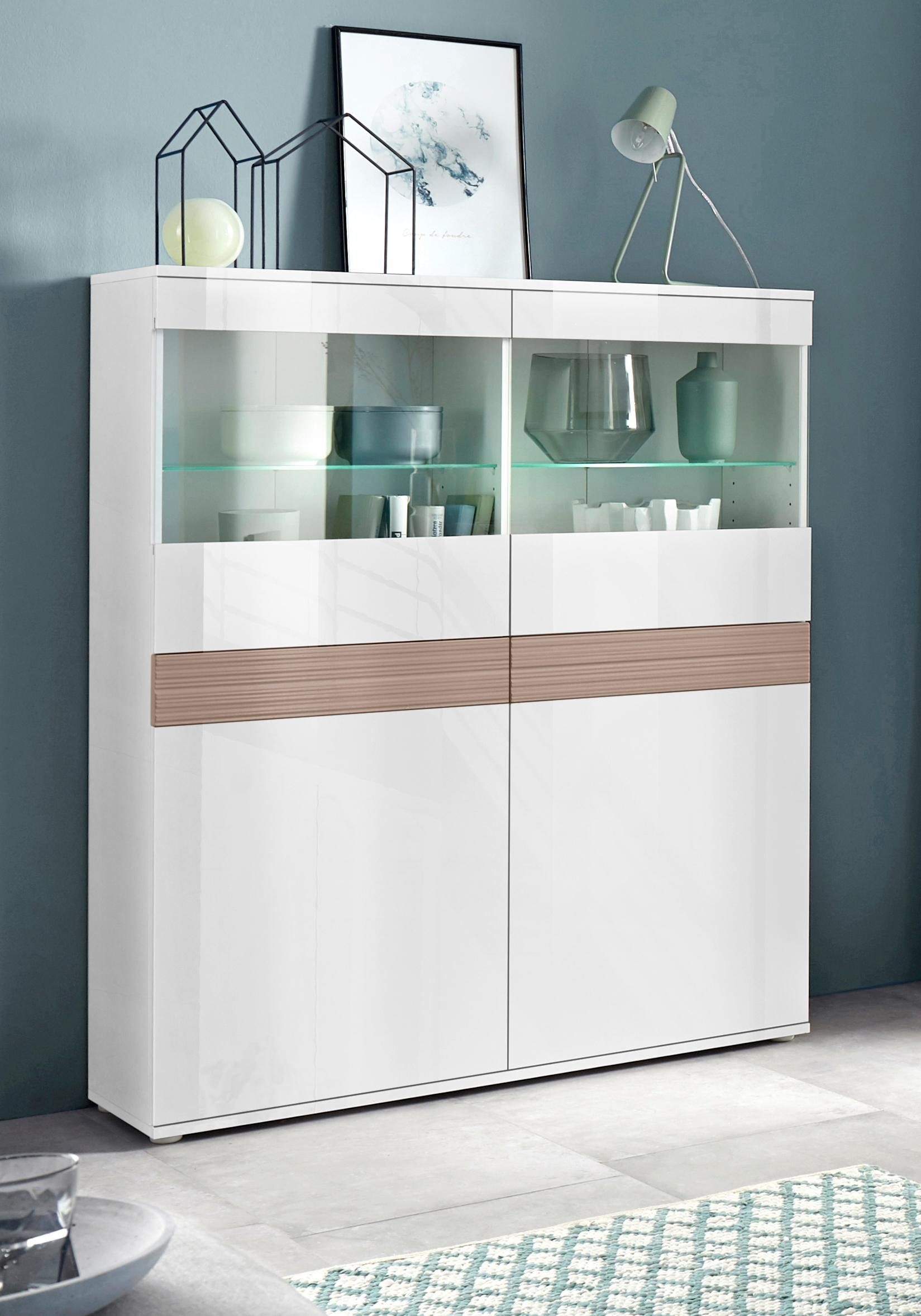 borchardt Möbel Vitrine Florenz Höhe 125 cm weiß HG/weiß HG/cappuccino Riffeloptik HG MDF | Vitrinenschränke