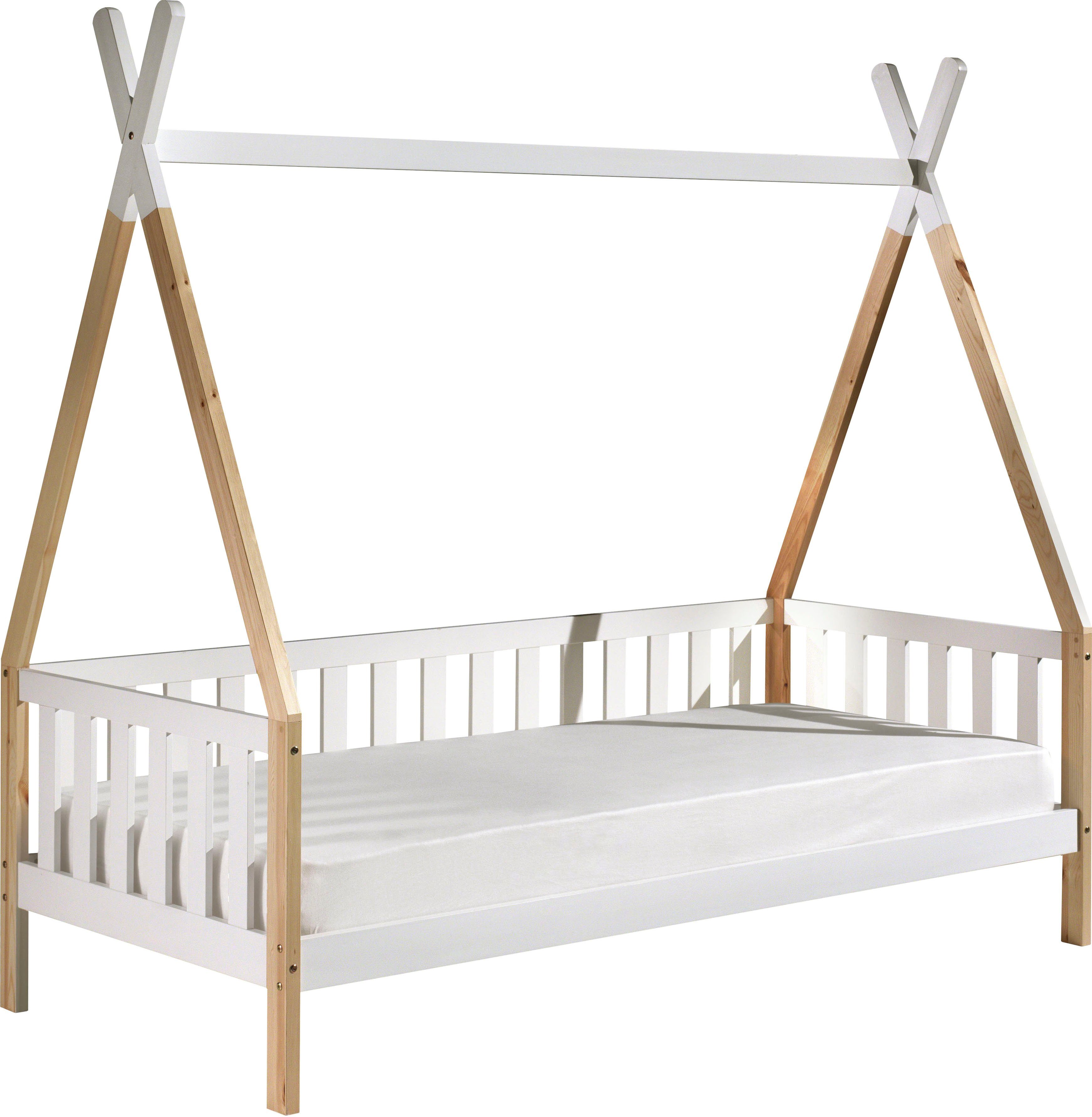 Vipack Kinderbett Tipi, mit Querstange in Zelt-Optik, Kiefer massiv (B/H/T ca. 206x185,1x96cm, seitliche Sprossenumrandung), inklusive Rolllattenrost und wahlweise mit Bettschublade