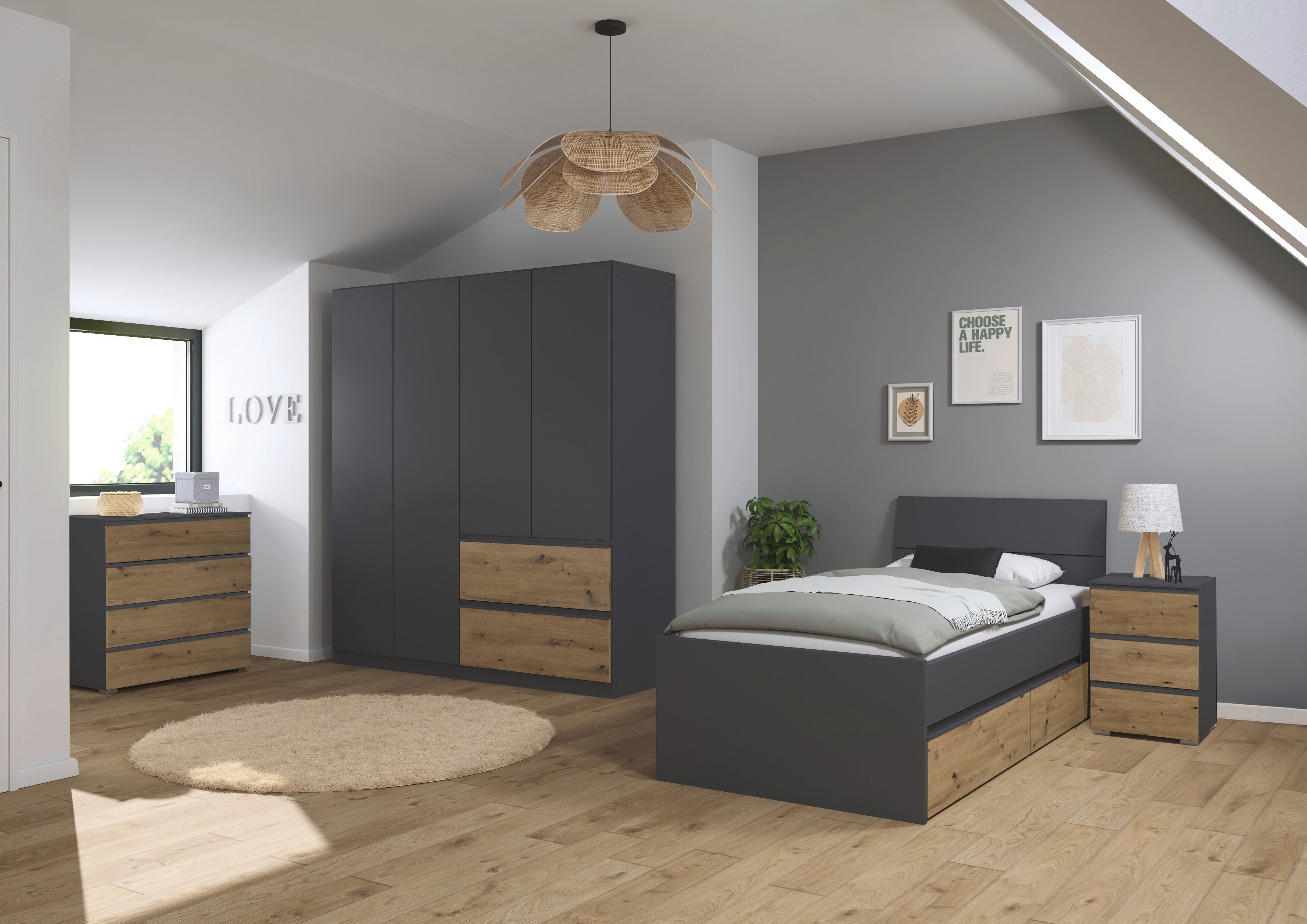 möbel-direkt.de Jugendzimmer-Set Joel mit 4 türigem Kleiderschrank in Grau Metallic und Artisan Eiche, (Komplett Set, 4-tlg., in verschiedenen Ausführungen wählbar), Push To Open Funktion der Schranktüren